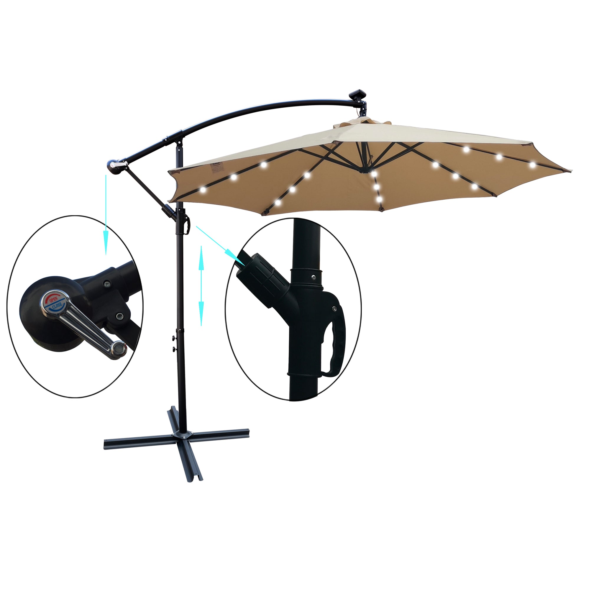 Royard Oaktree 10FT Patio Offset Umbrella w/Solar LED Lights Outdoor Cantilever Hanging Umbrella w/Crank & Cross Base UV Protection Sun Shade for Market Garden Lawn Deck Backyard Pool