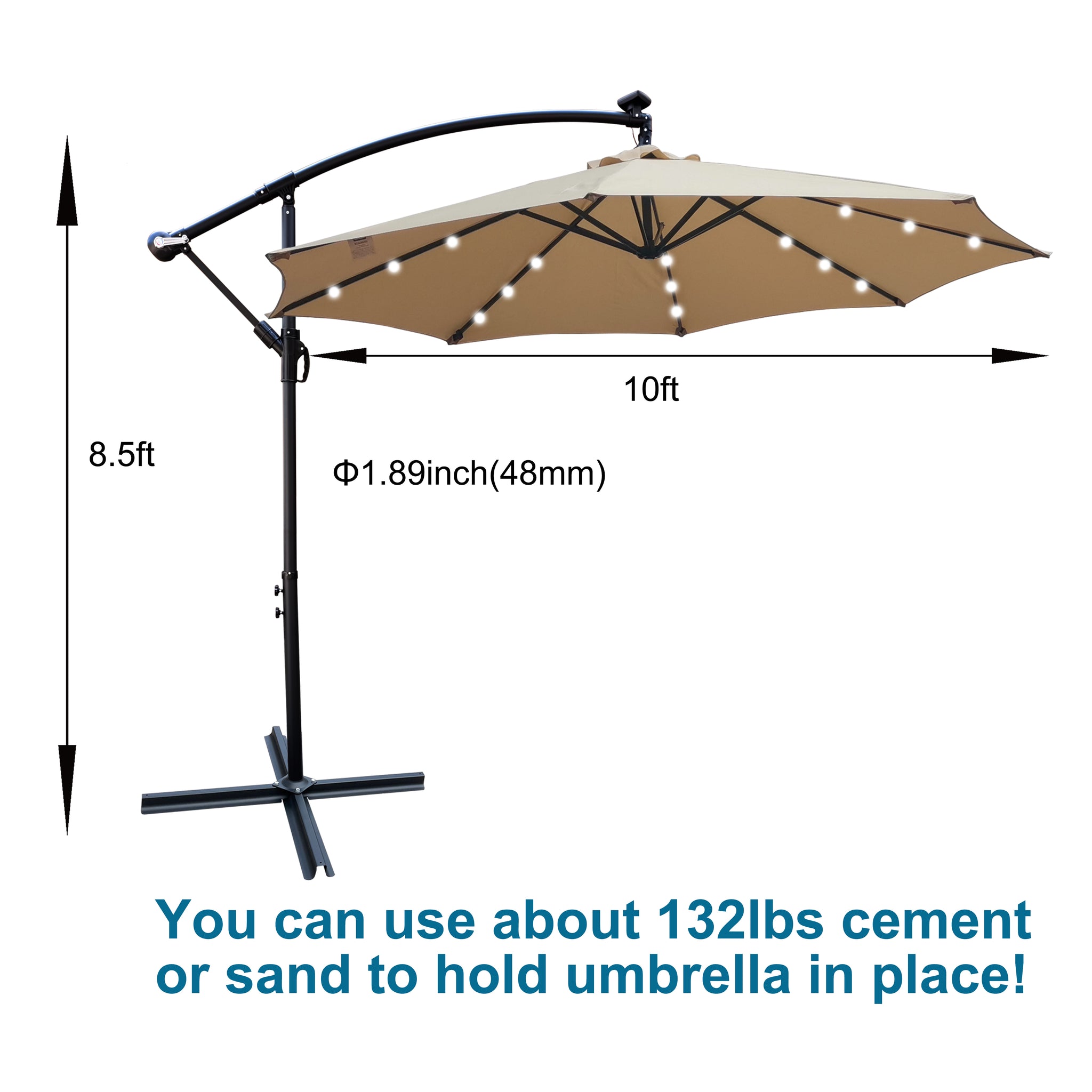 Royard Oaktree 10FT Patio Offset Umbrella w/Solar LED Lights Outdoor Cantilever Hanging Umbrella w/Crank & Cross Base UV Protection Sun Shade for Market Garden Lawn Deck Backyard Pool