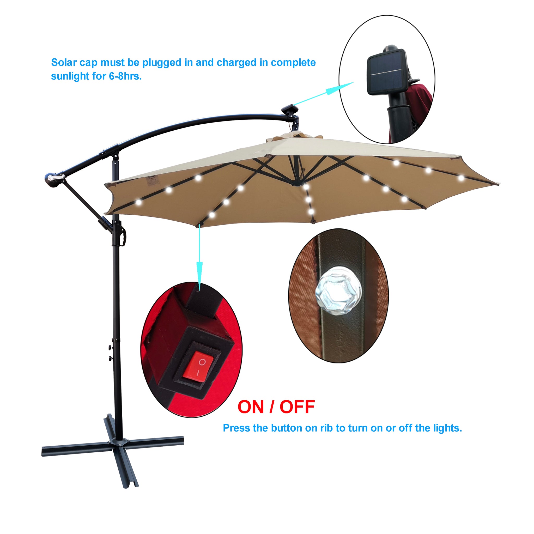 Royard Oaktree 10FT Patio Offset Umbrella w/Solar LED Lights Outdoor Cantilever Hanging Umbrella w/Crank & Cross Base UV Protection Sun Shade for Market Garden Lawn Deck Backyard Pool