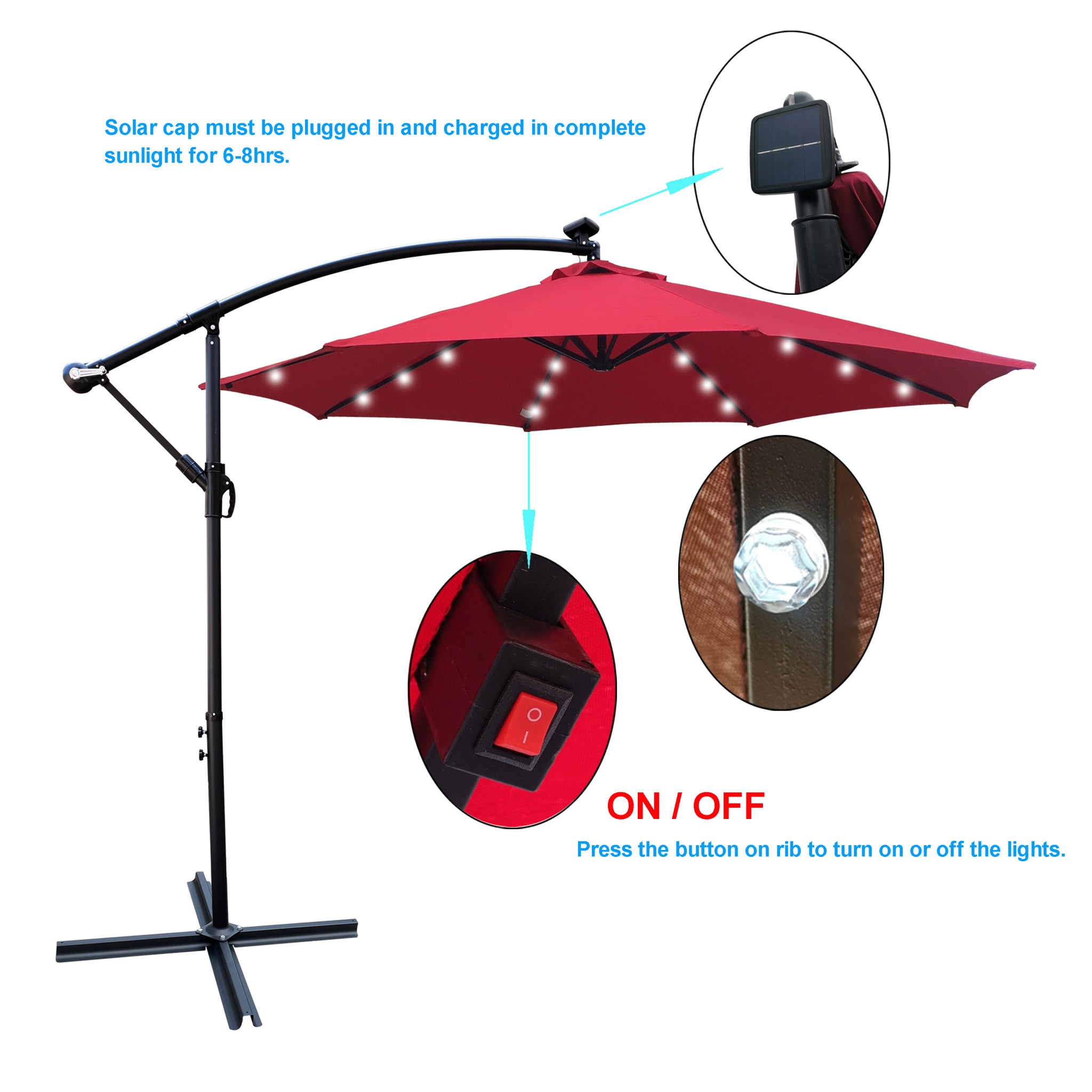 Royard Oaktree 10FT Patio Offset Umbrella w/Solar LED Lights Outdoor Cantilever Hanging Umbrella w/Crank & Cross Base UV Protection Sun Shade for Market Garden Lawn Deck Backyard Pool