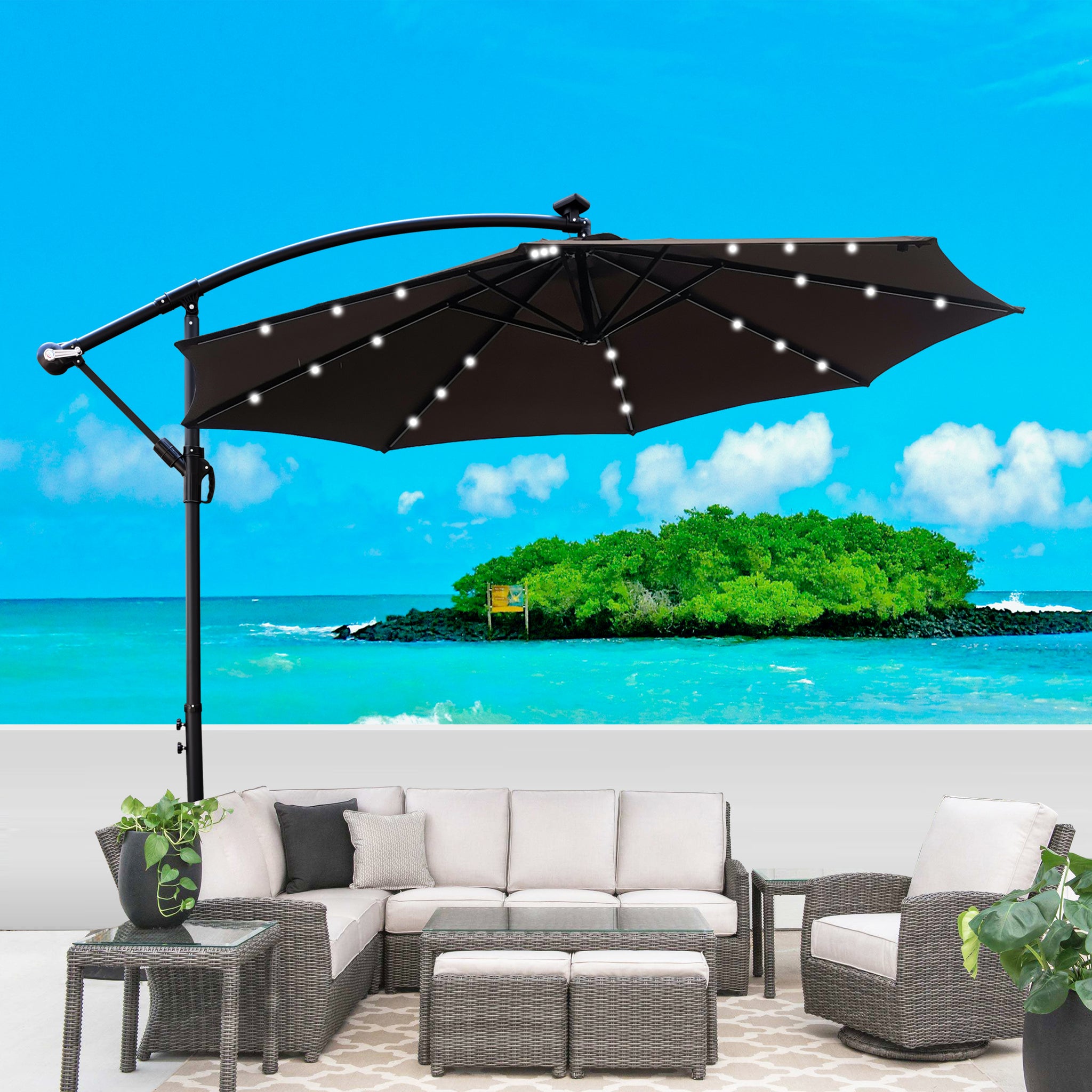 Royard Oaktree 10FT Patio Offset Umbrella w/Solar LED Lights Outdoor Cantilever Hanging Umbrella w/Crank & Cross Base UV Protection Sun Shade for Market Garden Lawn Deck Backyard Pool