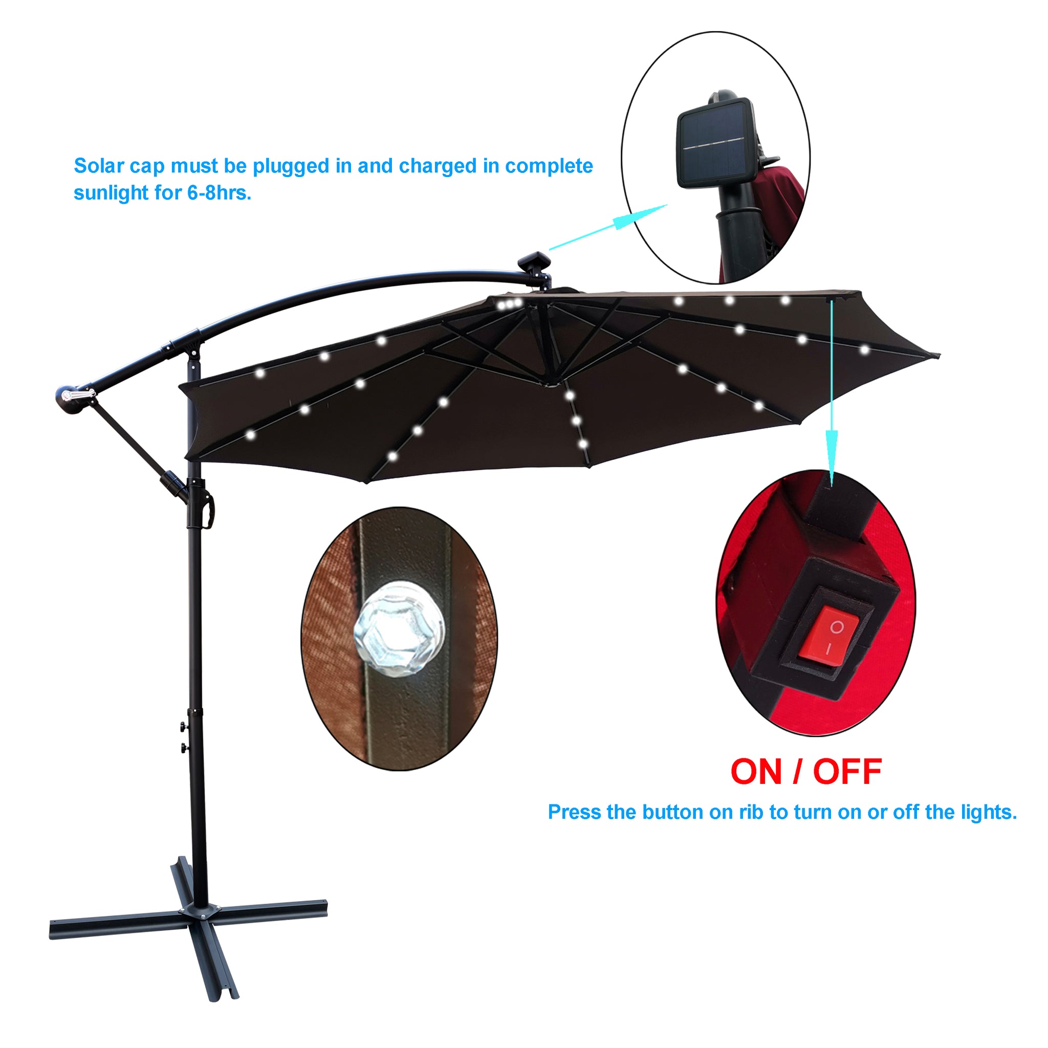 Royard Oaktree 10FT Patio Offset Umbrella w/Solar LED Lights Outdoor Cantilever Hanging Umbrella w/Crank & Cross Base UV Protection Sun Shade for Market Garden Lawn Deck Backyard Pool