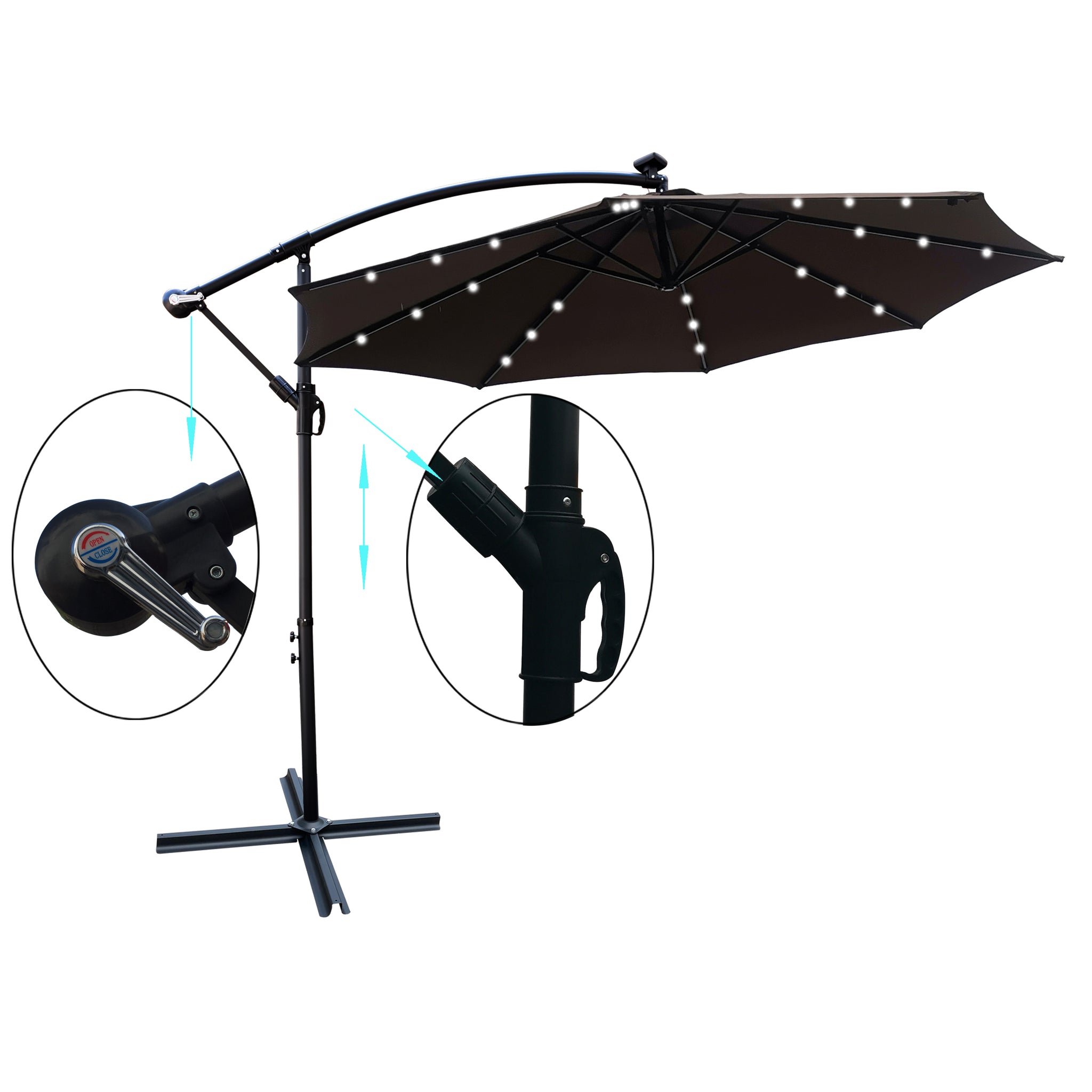 Royard Oaktree 10FT Patio Offset Umbrella w/Solar LED Lights Outdoor Cantilever Hanging Umbrella w/Crank & Cross Base UV Protection Sun Shade for Market Garden Lawn Deck Backyard Pool