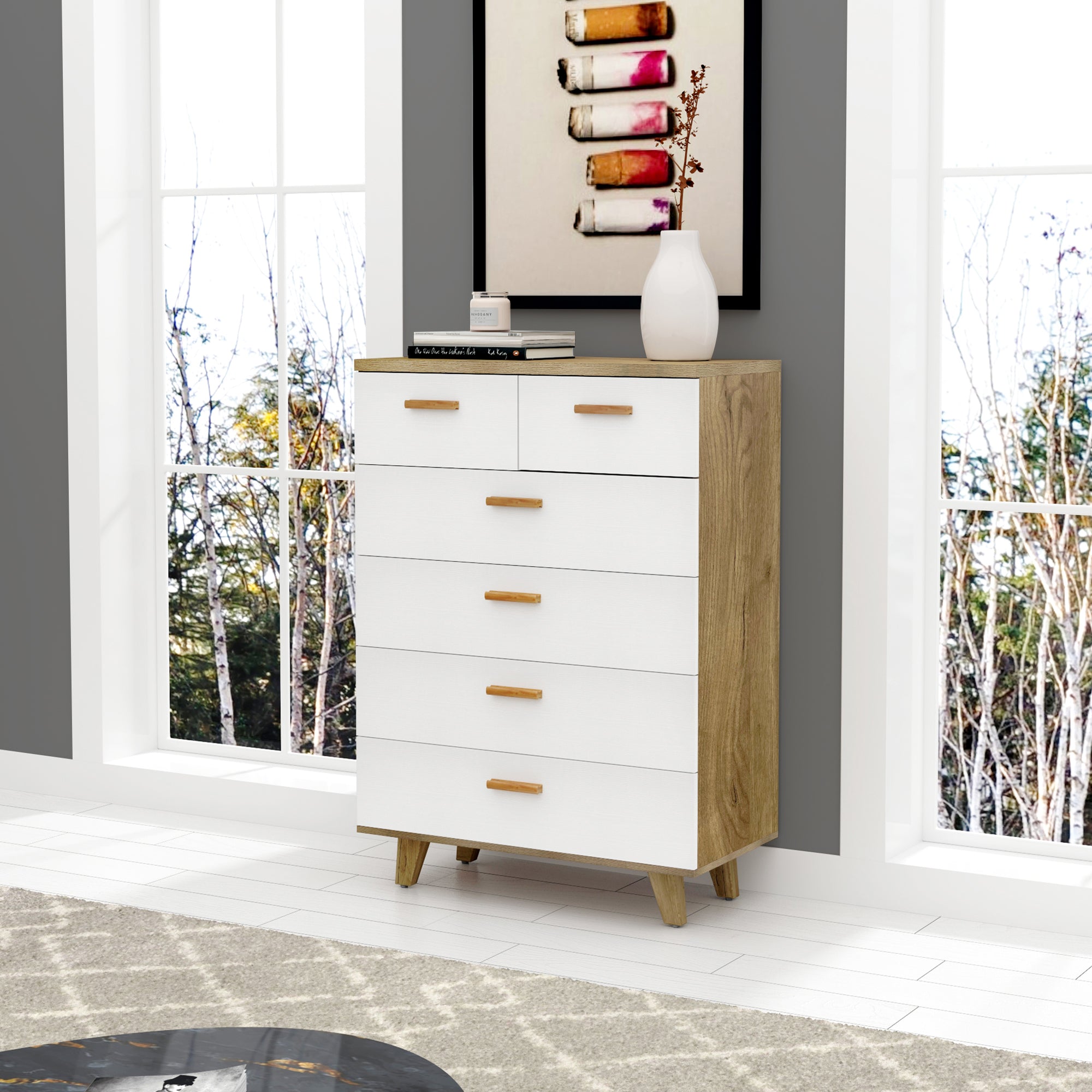 Royard Oaktree Drawer Dresser Modern Dresser with Wide Drawer Wooden Dressers & Chests of Drawers White Storage Cabinet for Bedroom,Living Room