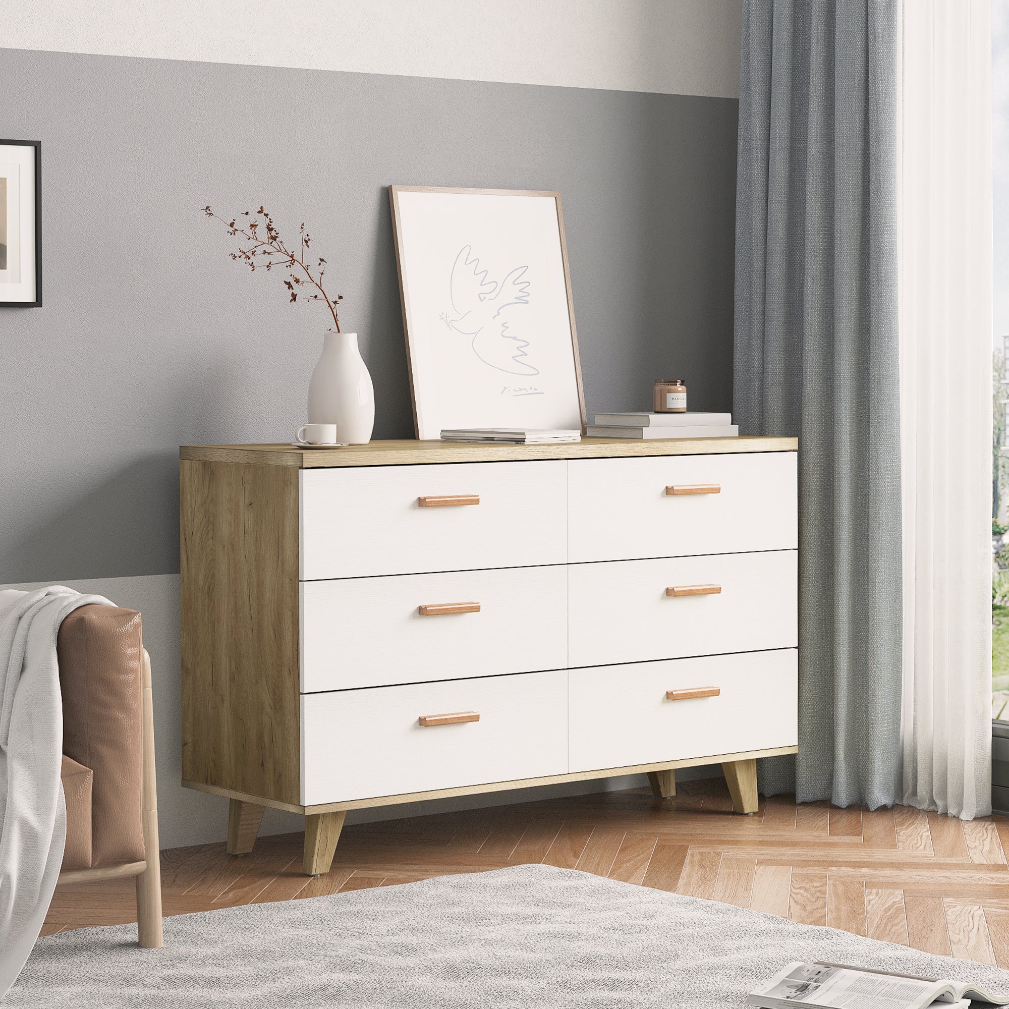 Royard Oaktree Drawer Dresser Modern Dresser with Wide Drawer Wooden Dressers & Chests of Drawers White Storage Cabinet for Bedroom,Living Room