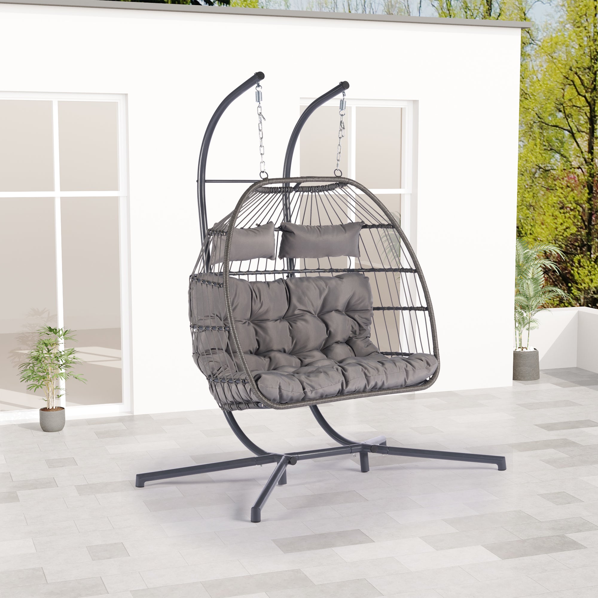 Royard Oaktree Double Swing Egg Chair with Stand Large 2 Person Wicker Loveseat Hanging Chairs with Cushions Indoor Outdoor Rattan Hammock Chair for Patio Backyard Balcony