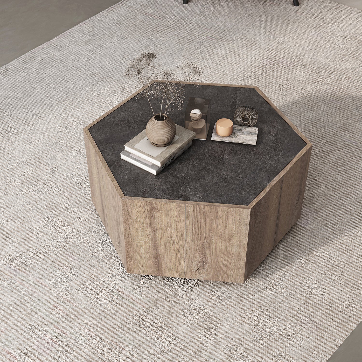 Royard Oaktree Hexagonal Coffee Table with 2 Storage Drawers Industrial Style Center Table Wooden Cocktail Table with Textured Black Top and Warm Oak Base