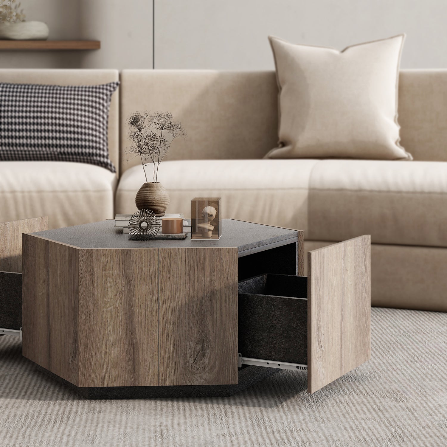 Royard Oaktree Hexagonal Coffee Table with 2 Storage Drawers Industrial Style Center Table Wooden Cocktail Table with Textured Black Top and Warm Oak Base