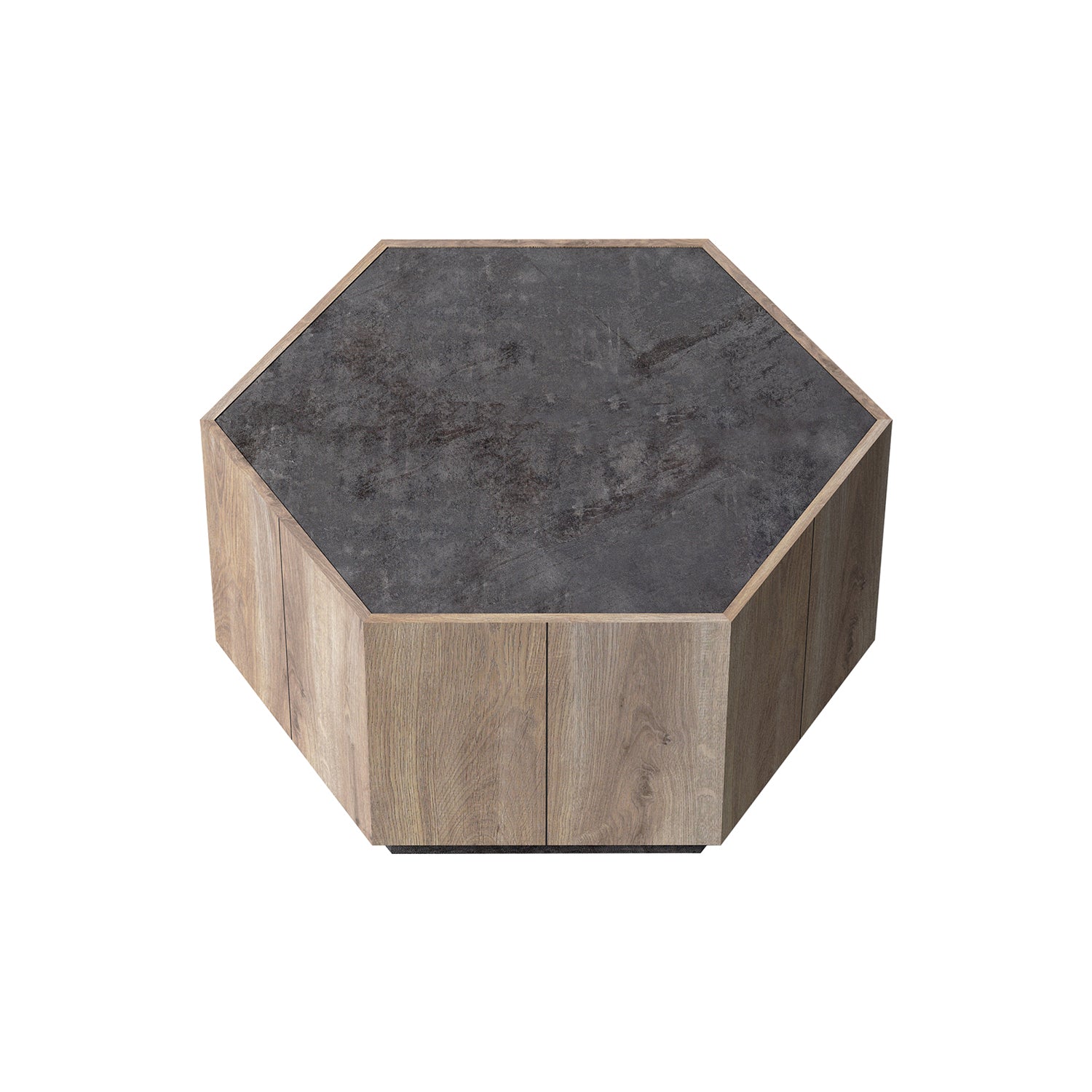 Royard Oaktree Hexagonal Coffee Table with 2 Storage Drawers Industrial Style Center Table Wooden Cocktail Table with Textured Black Top and Warm Oak Base