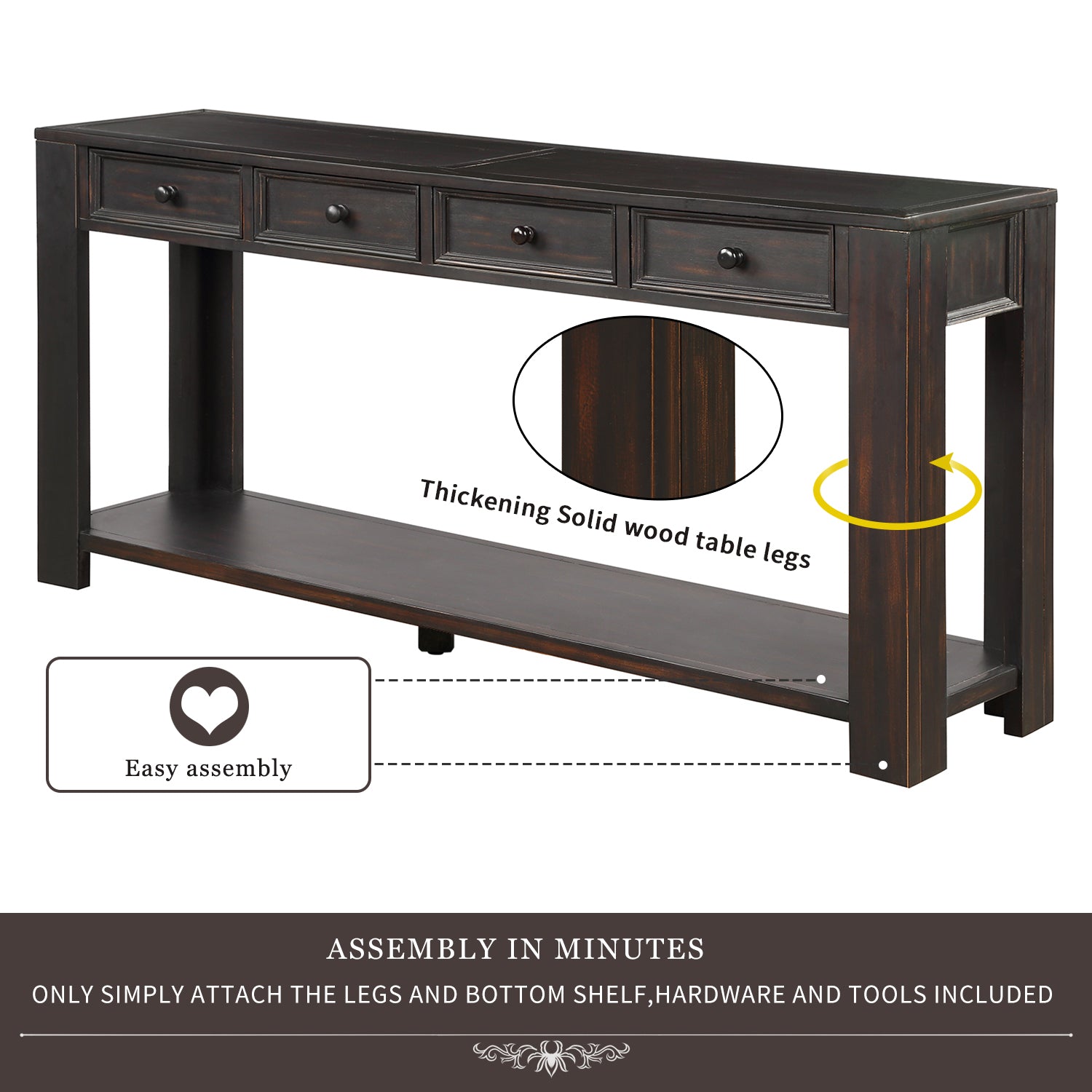 Royard Oaktree Extra Long Console Table with 4 Storage Drawers and Bottom Shelf Wood Entryway Table Entrance Table Rustic Narrow Sofa Table for Living Room Hallway Foyer Corridor