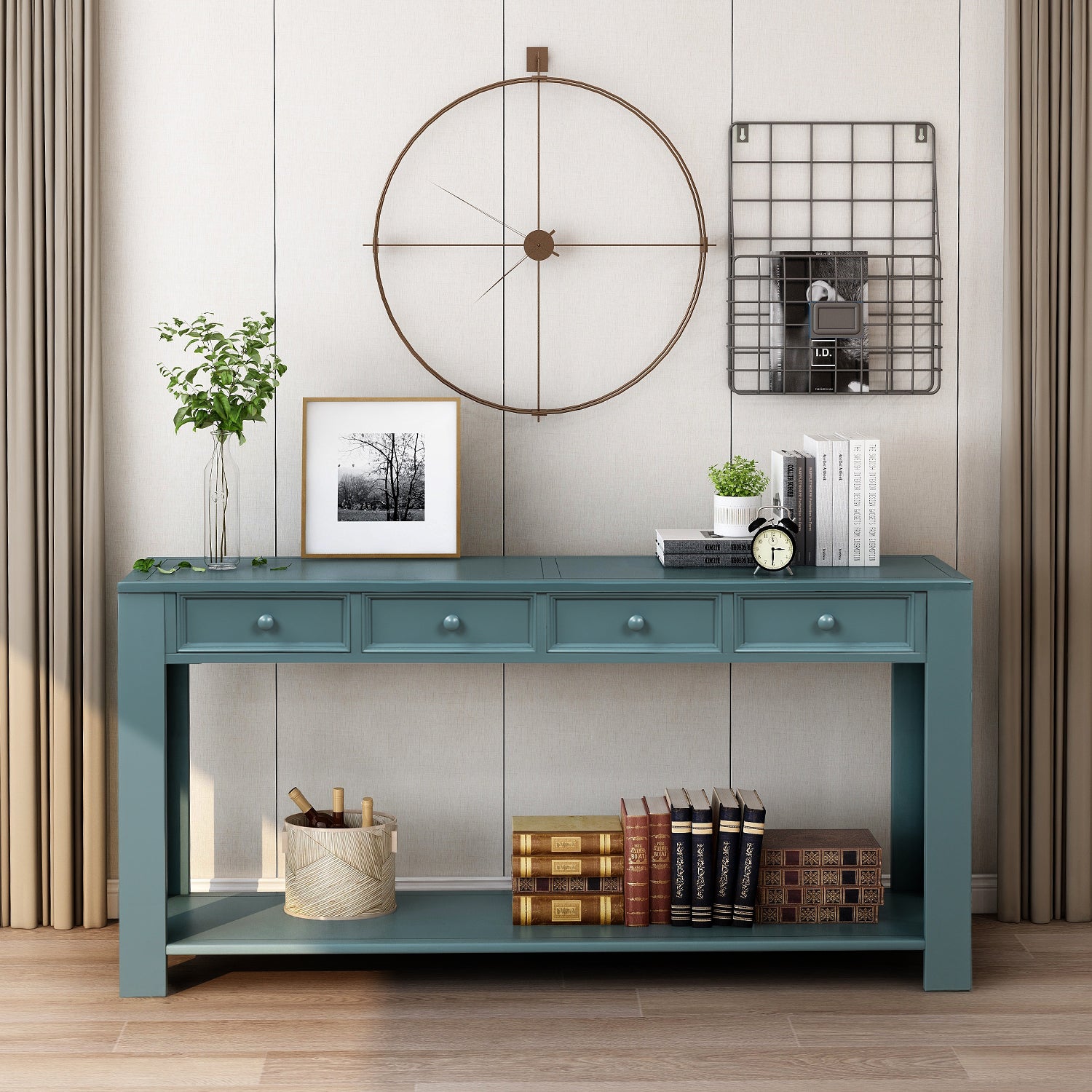 Royard Oaktree Extra Long Console Table with 4 Storage Drawers and Bottom Shelf Wood Entryway Table Entrance Table Rustic Narrow Sofa Table for Living Room Hallway Foyer Corridor