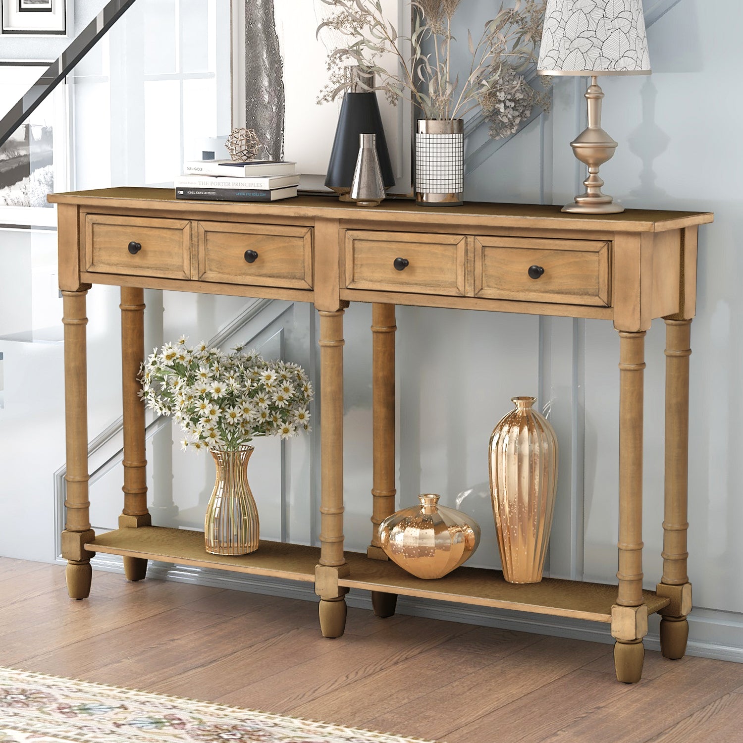 Royard Oaktree Console Table 58 Sofa Table with Two Storage Drawers and Bottom Shelf Rustic Style Entryway Accent Table Wood Narrow Side Table for Living Room Entryway Hallway