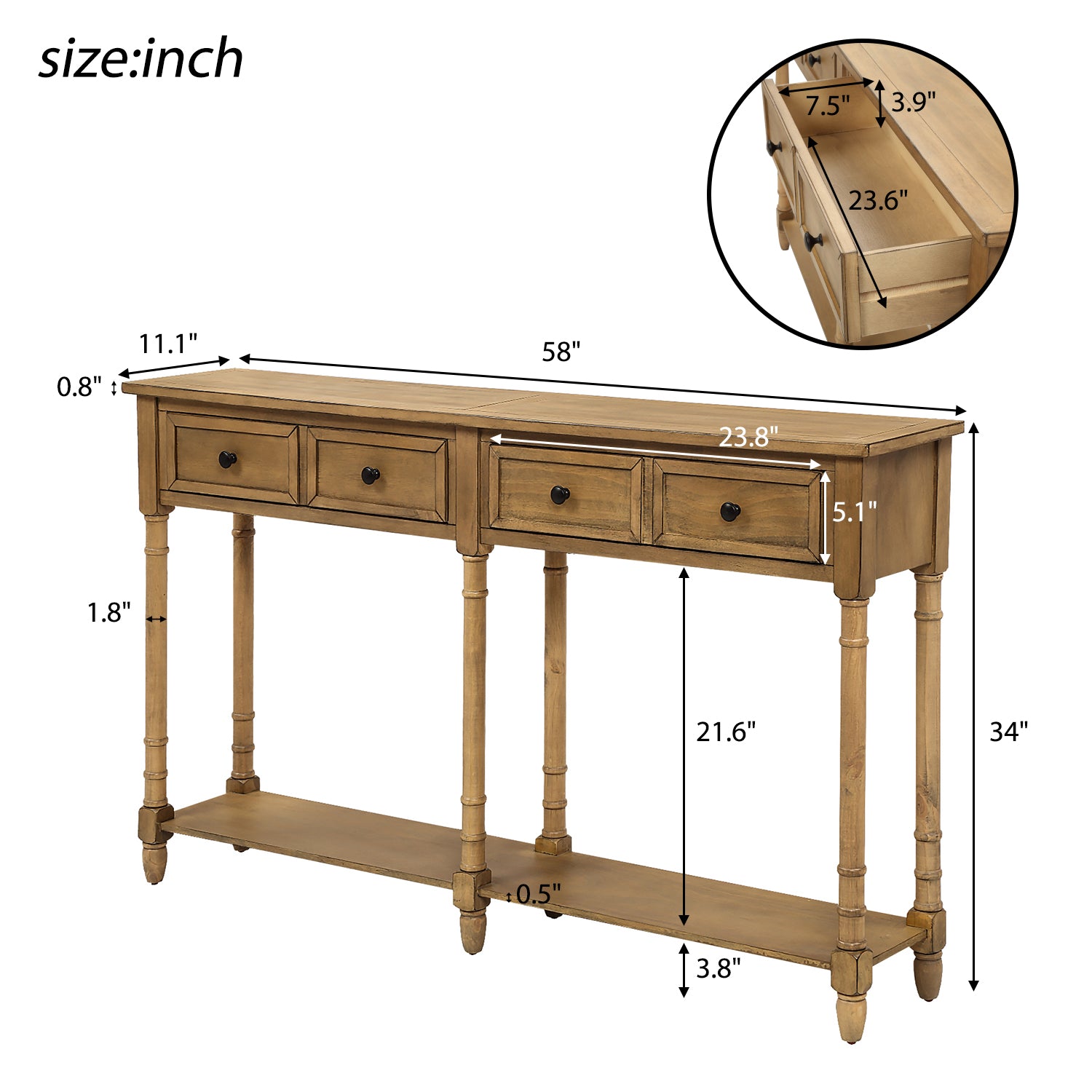 Royard Oaktree Console Table 58 Sofa Table with Two Storage Drawers and Bottom Shelf Rustic Style Entryway Accent Table Wood Narrow Side Table for Living Room Entryway Hallway