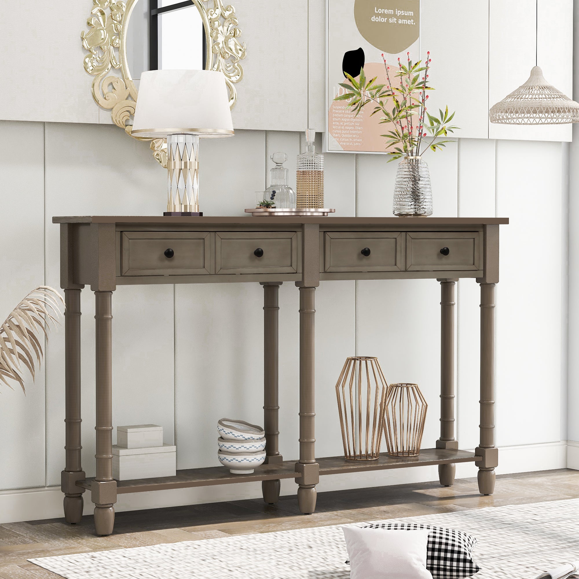 Royard Oaktree Console Table 58 Sofa Table with Two Storage Drawers and Bottom Shelf Rustic Style Entryway Accent Table Wood Narrow Side Table for Living Room Entryway Hallway