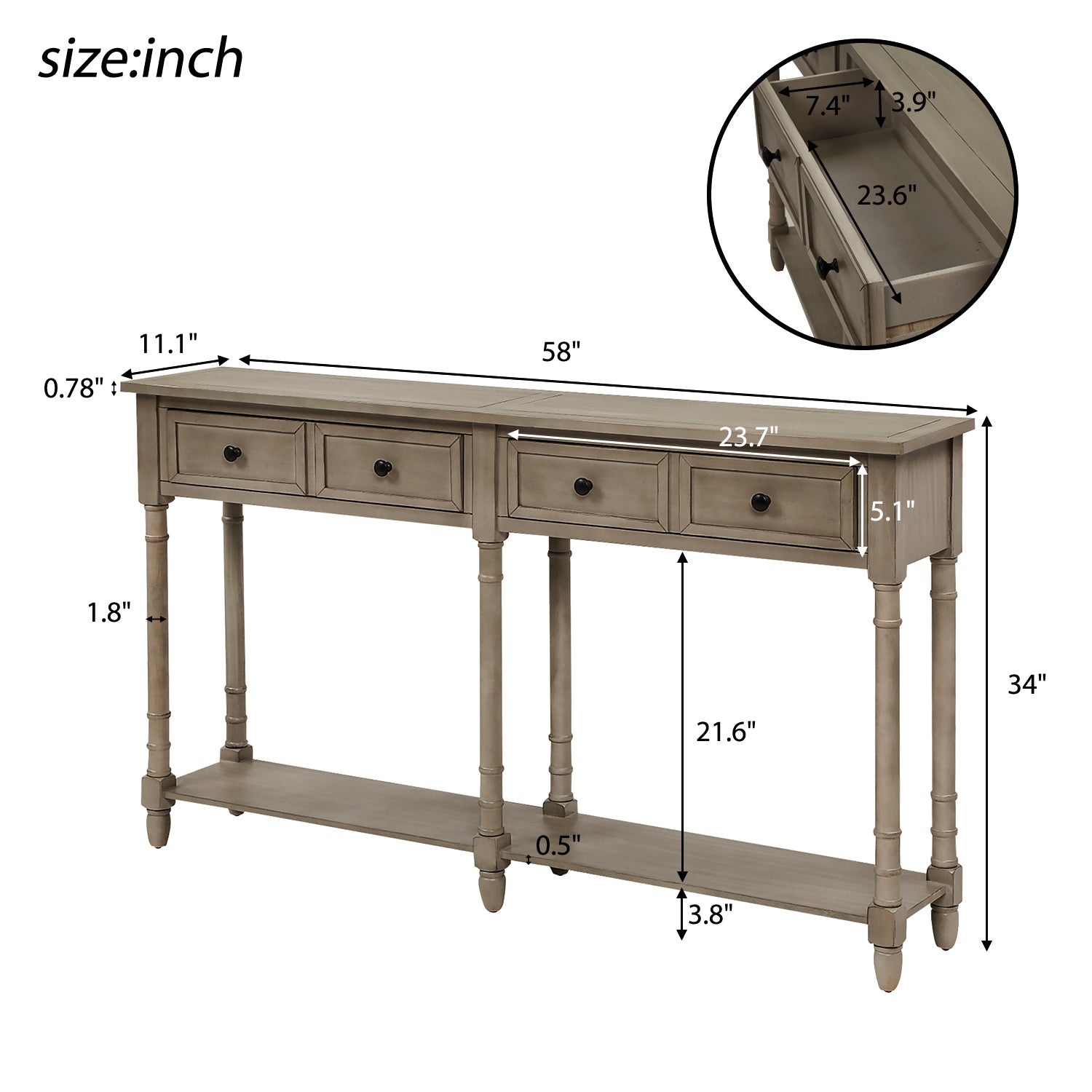 Royard Oaktree Console Table 58 Sofa Table with Two Storage Drawers and Bottom Shelf Rustic Style Entryway Accent Table Wood Narrow Side Table for Living Room Entryway Hallway