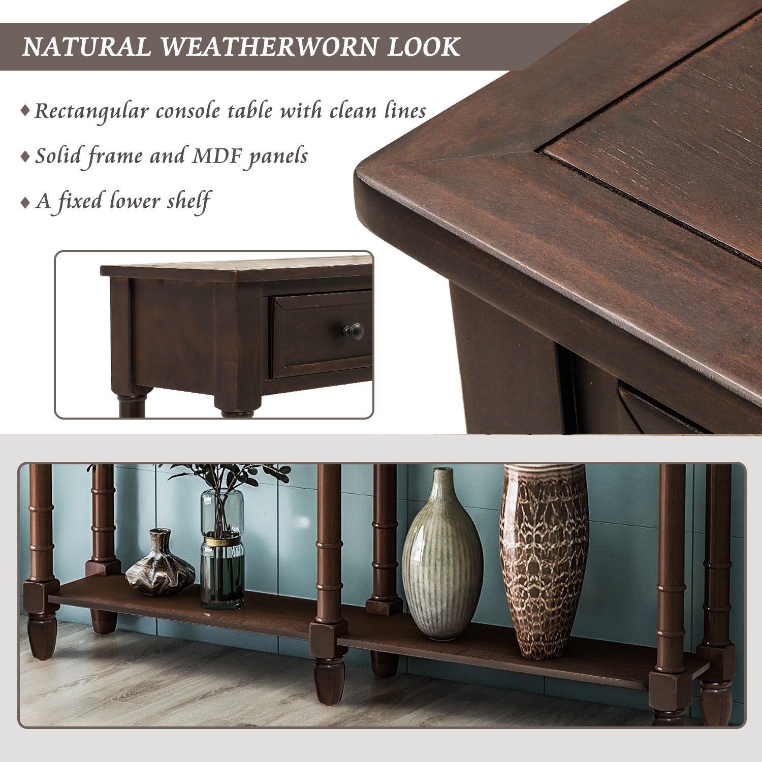 Royard Oaktree Console Table 58 Sofa Table with Two Storage Drawers and Bottom Shelf Rustic Style Entryway Accent Table Wood Narrow Side Table for Living Room Entryway Hallway