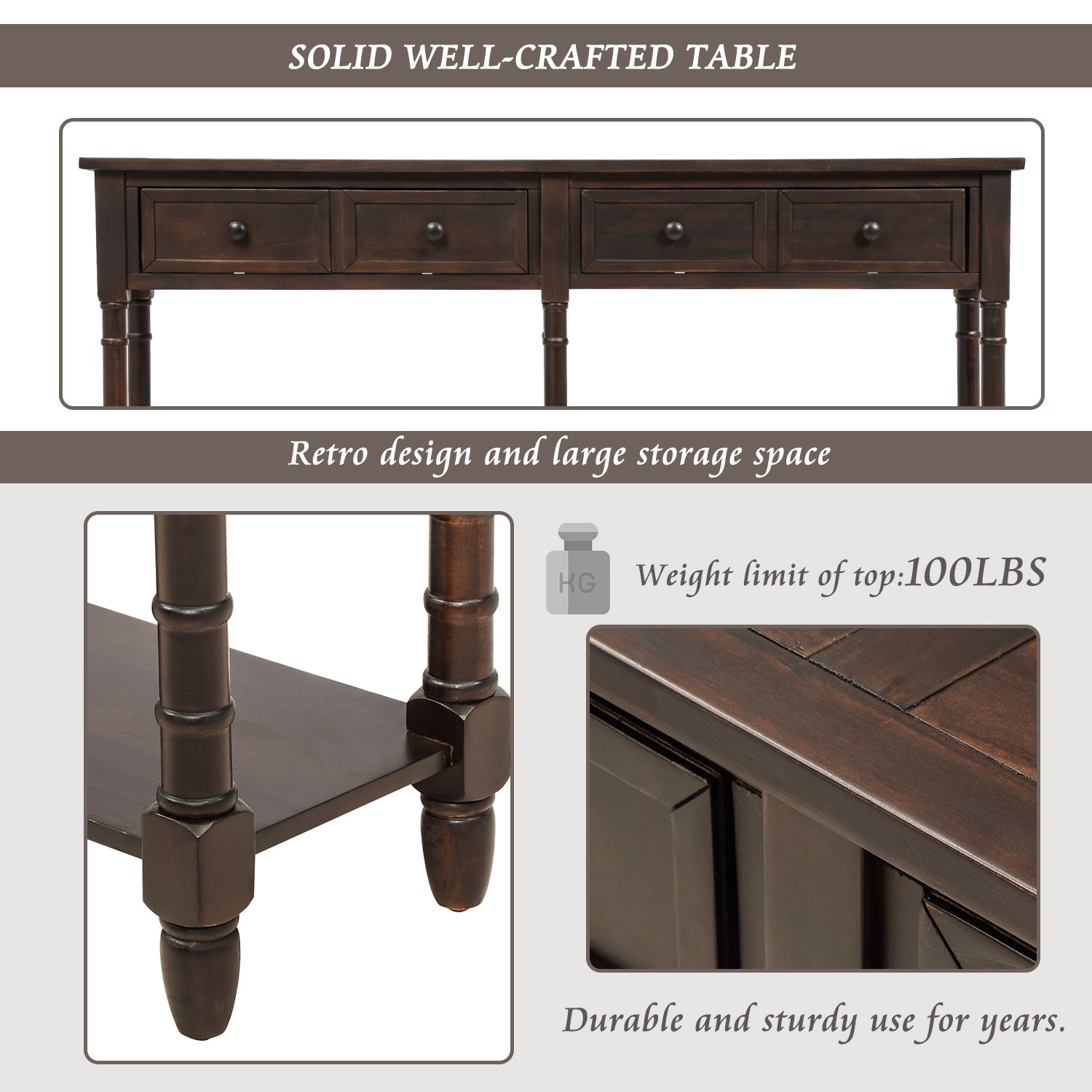 Royard Oaktree Console Table 58 Sofa Table with Two Storage Drawers and Bottom Shelf Rustic Style Entryway Accent Table Wood Narrow Side Table for Living Room Entryway Hallway