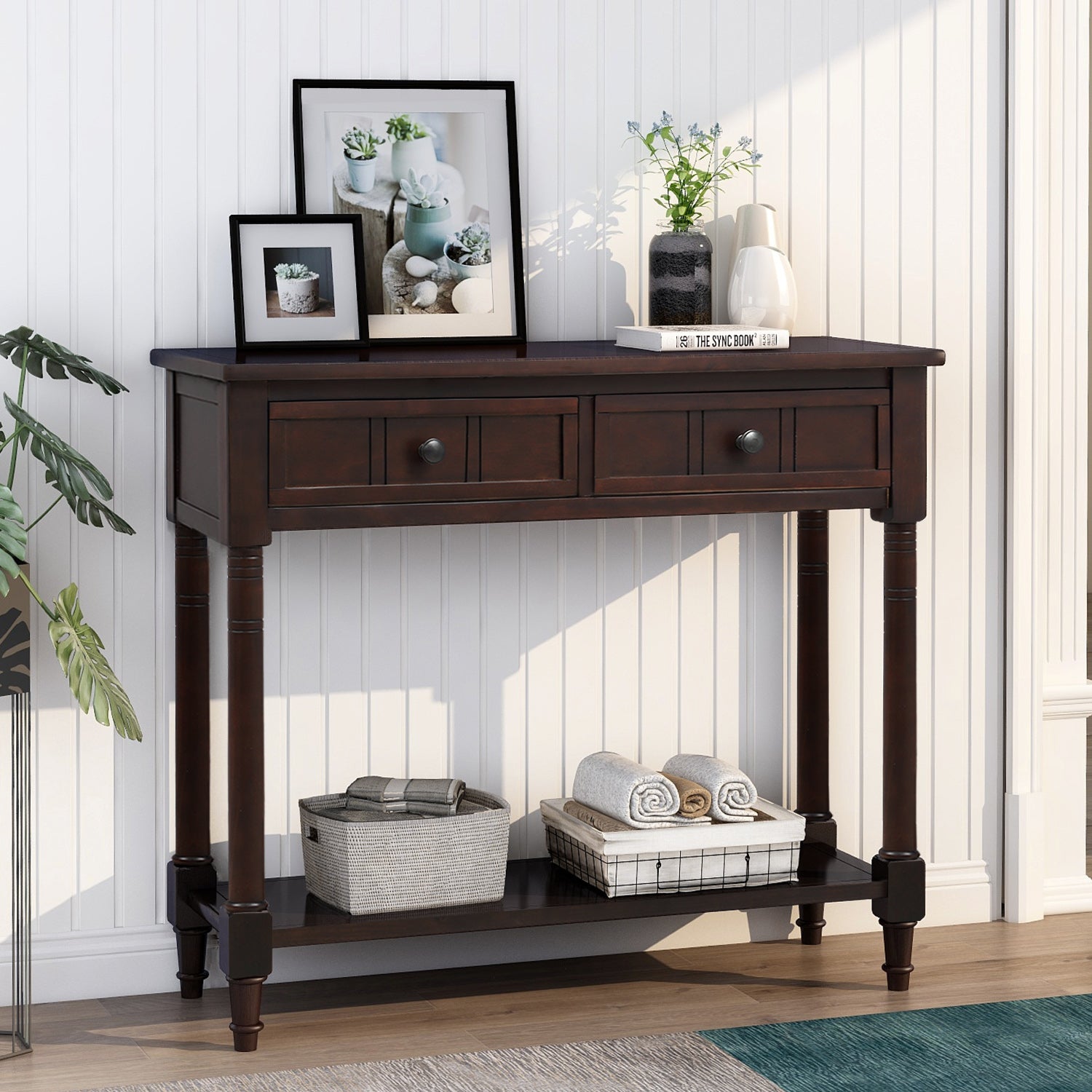 Royard Oaktree Console Table 35 Sofa Table with Two Storage Drawers and Bottom Shelf Classic Entryway Accent Table Wood Narrow Side Table for Living Room Entryway Hallway Small Space