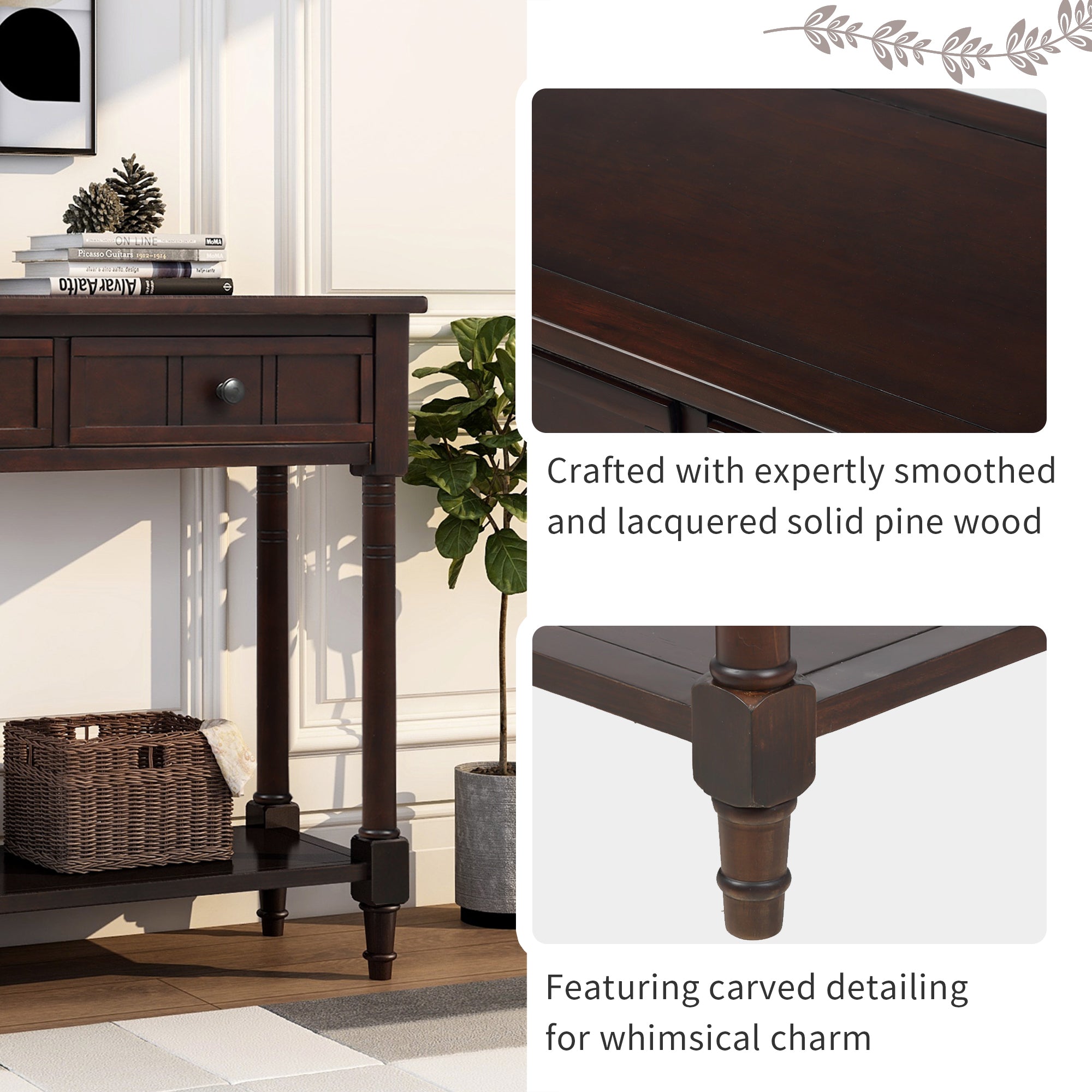 Royard Oaktree Console Table 35 Sofa Table with Two Storage Drawers and Bottom Shelf Classic Entryway Accent Table Wood Narrow Side Table for Living Room Entryway Hallway Small Space