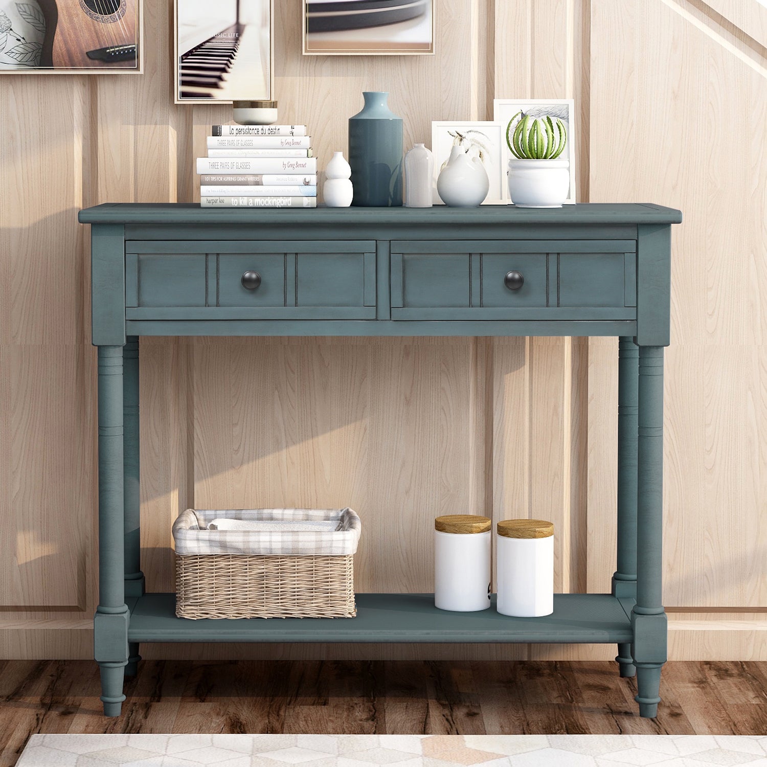 Royard Oaktree Console Table 35 Sofa Table with Two Storage Drawers and Bottom Shelf Classic Entryway Accent Table Wood Narrow Side Table for Living Room Entryway Hallway Small Space