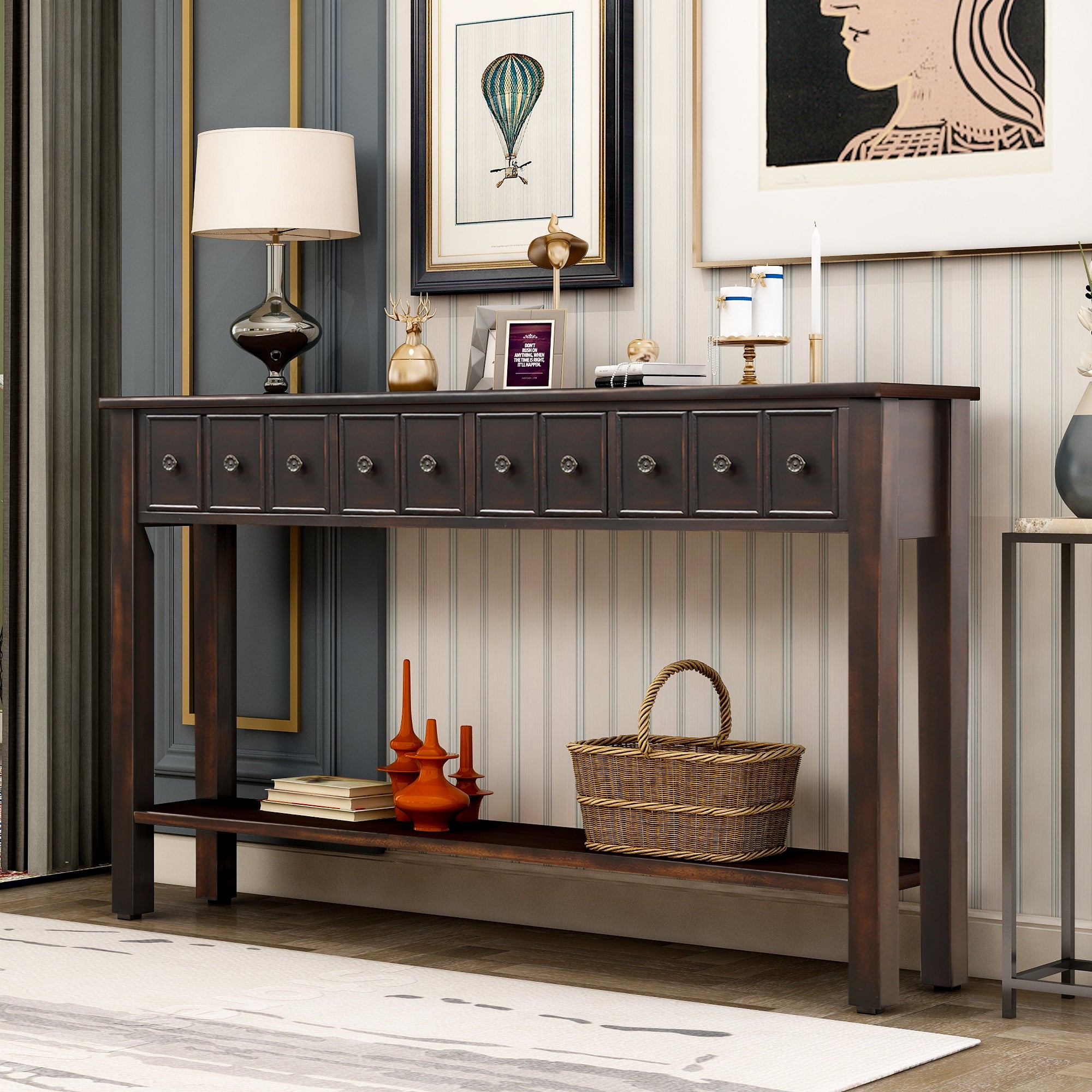 Royard Oaktree Console Table 60 Long Entryway Table with 4 Drawers and Storage Shelf Retro Accent Sofa Table Wood Narrow Entrance Table for Living Room Hallway Foyer Corridor