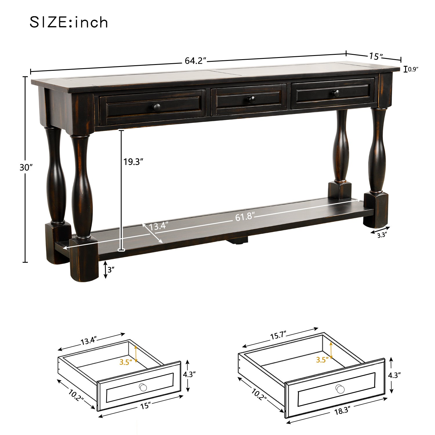 Royard Oaktree 64 Long Console Table Extra-thick Sofa Table with Three Storage Drawers and Open Shelf Retro Entryway Accent Table Wood Narrow Side Table for Living Room Hallway