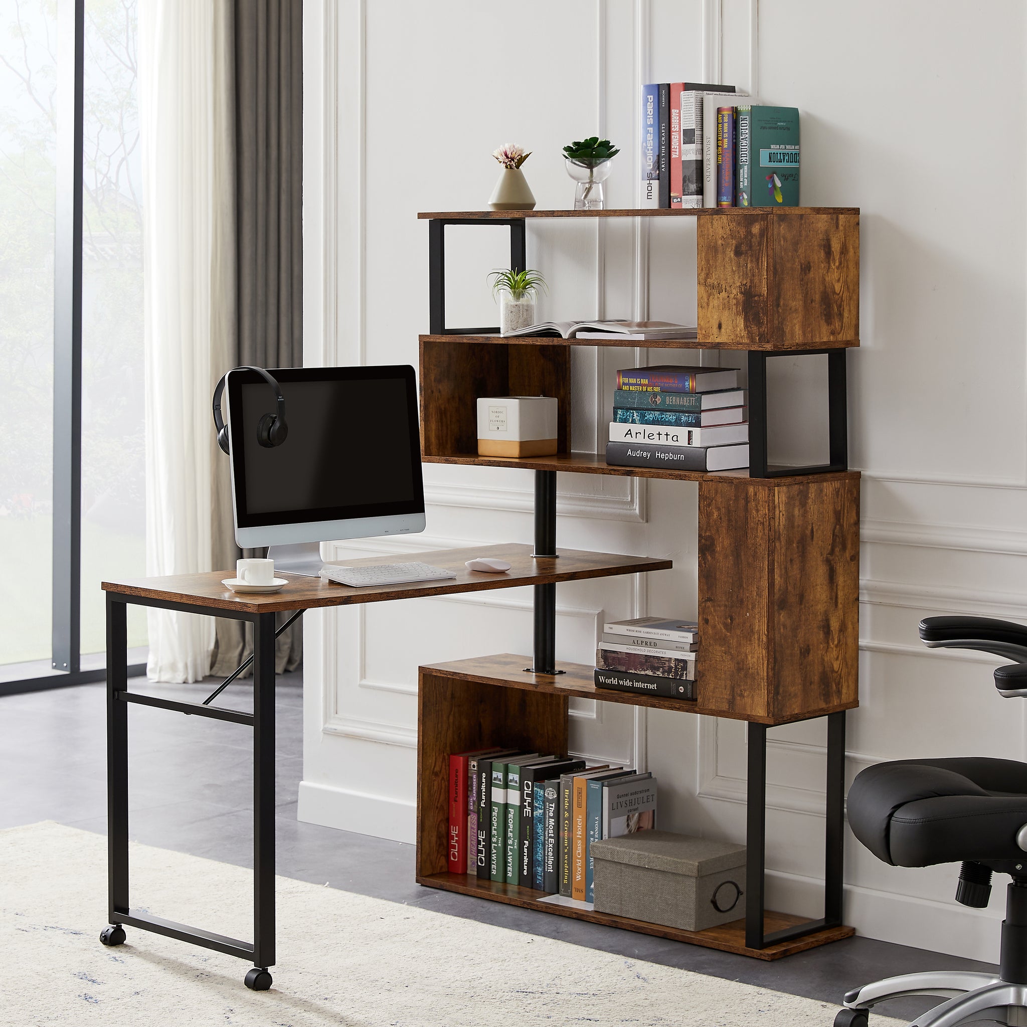 Royard Oaktree Computer Desk with 5-tier Bookshelf, Industrial Home Office Rotating Writing Desk with Lockable Casters, Wood L-shaped corner Table with Metal Frame, Four Installation Methods, Tiger