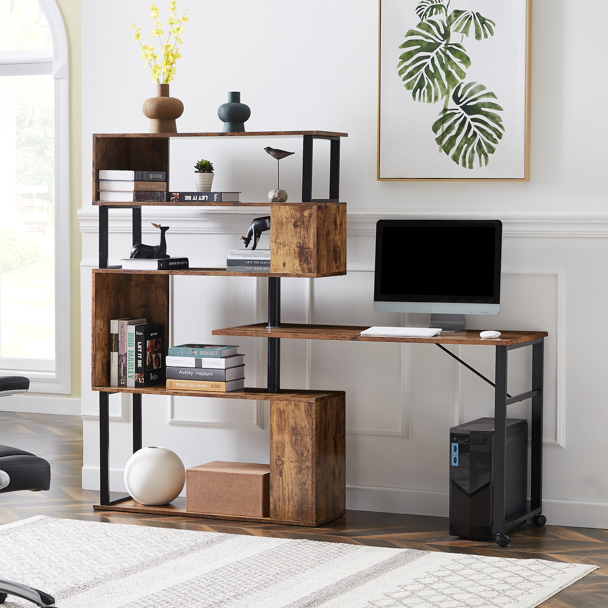 Royard Oaktree Computer Desk with 5-tier Bookshelf, Industrial Home Office Rotating Writing Desk with Lockable Casters, Wood L-shaped corner Table with Metal Frame, Four Installation Methods, Tiger