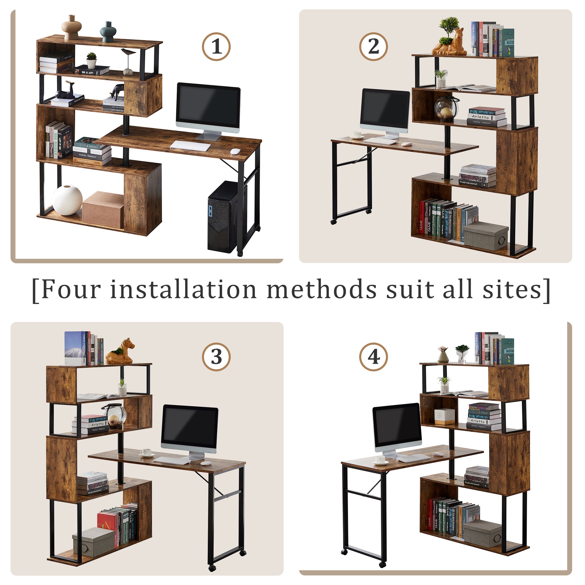 Royard Oaktree Computer Desk with 5-tier Bookshelf, Industrial Home Office Rotating Writing Desk with Lockable Casters, Wood L-shaped corner Table with Metal Frame, Four Installation Methods, Tiger