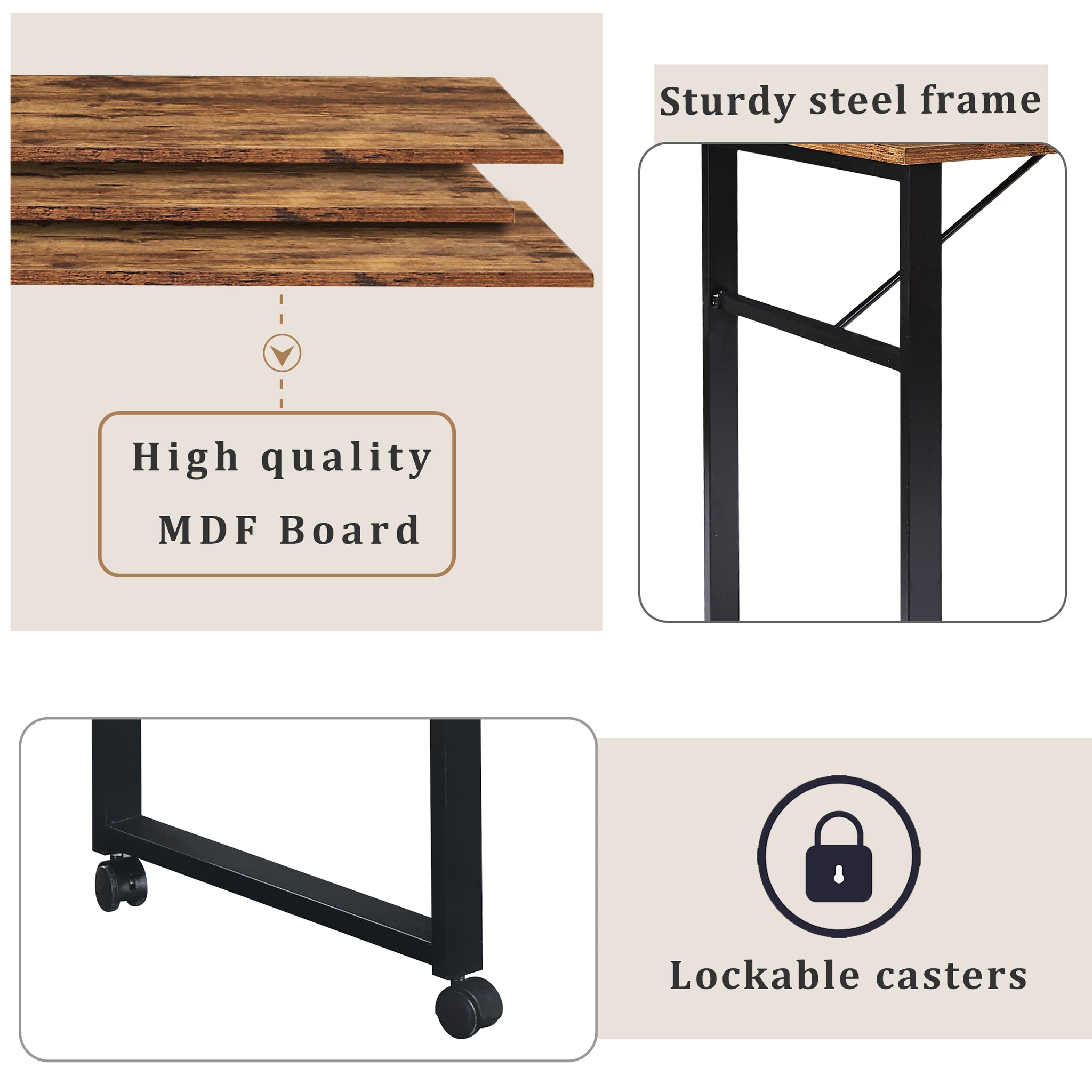 Royard Oaktree Computer Desk with 5-tier Bookshelf, Industrial Home Office Rotating Writing Desk with Lockable Casters, Wood L-shaped corner Table with Metal Frame, Four Installation Methods, Tiger