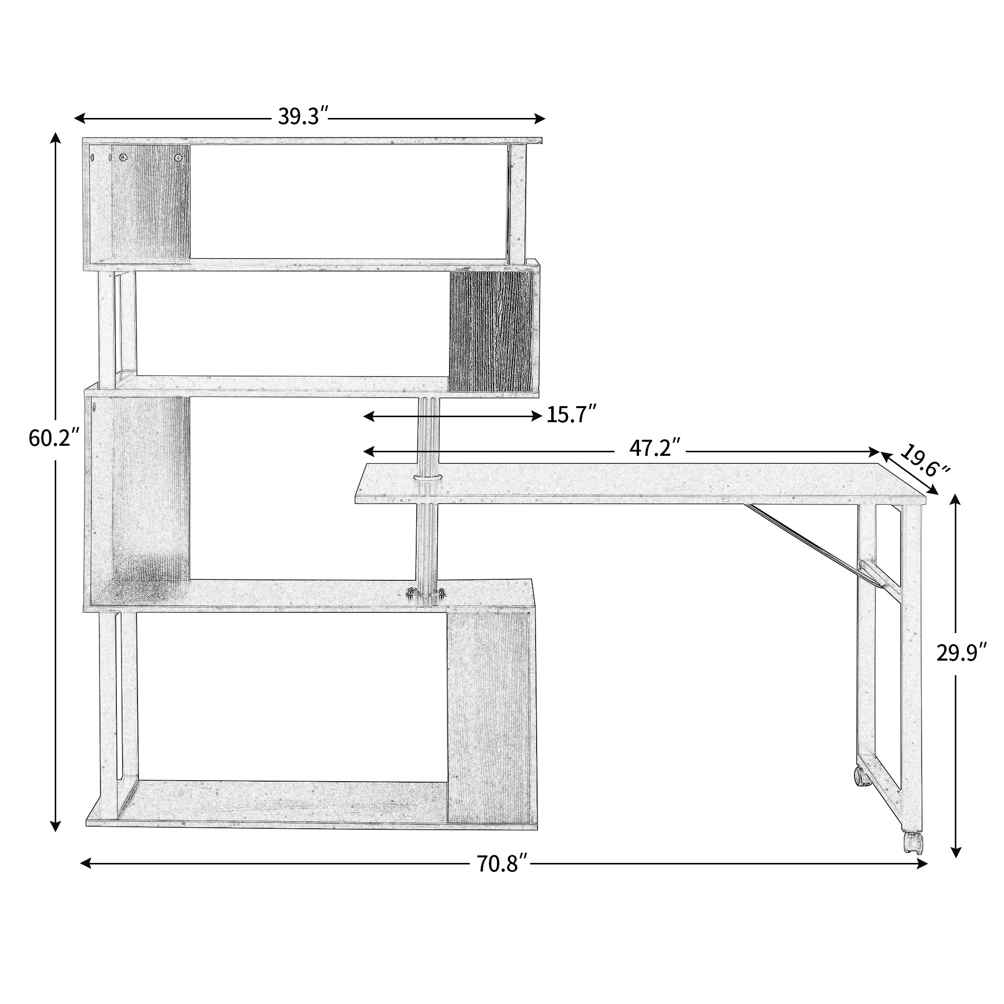 Royard Oaktree Computer Desk with 5-tier Bookshelf, Industrial Home Office Rotating Writing Desk with Lockable Casters, Wood L-shaped corner Table with Metal Frame, Four Installation Methods, Tiger