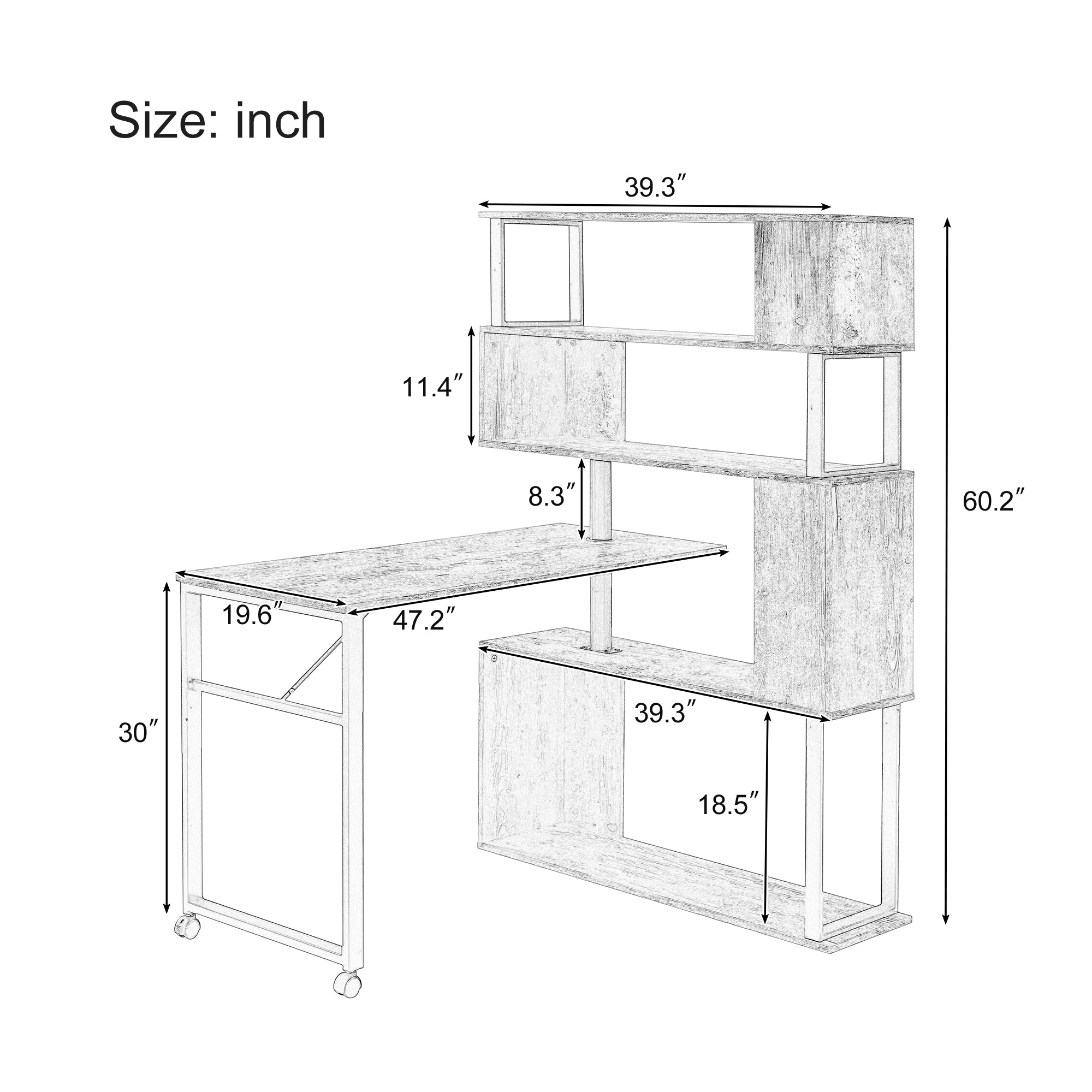 Royard Oaktree Computer Desk with 5-tier Bookshelf, Industrial Home Office Rotating Writing Desk with Lockable Casters, Wood L-shaped corner Table with Metal Frame, Four Installation Methods, Tiger