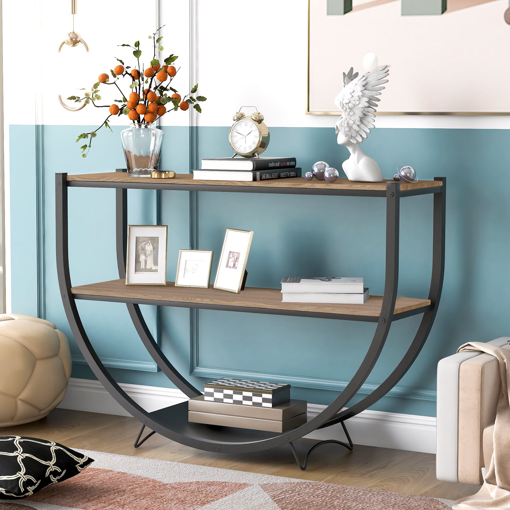 Royard Oaktree Console Table Demilune Shape Entryway Table 3-Tier Accent Sofa Table with Metal Frame Rustic Industrial Design Entrance Table for Living Room Hallway Foyer