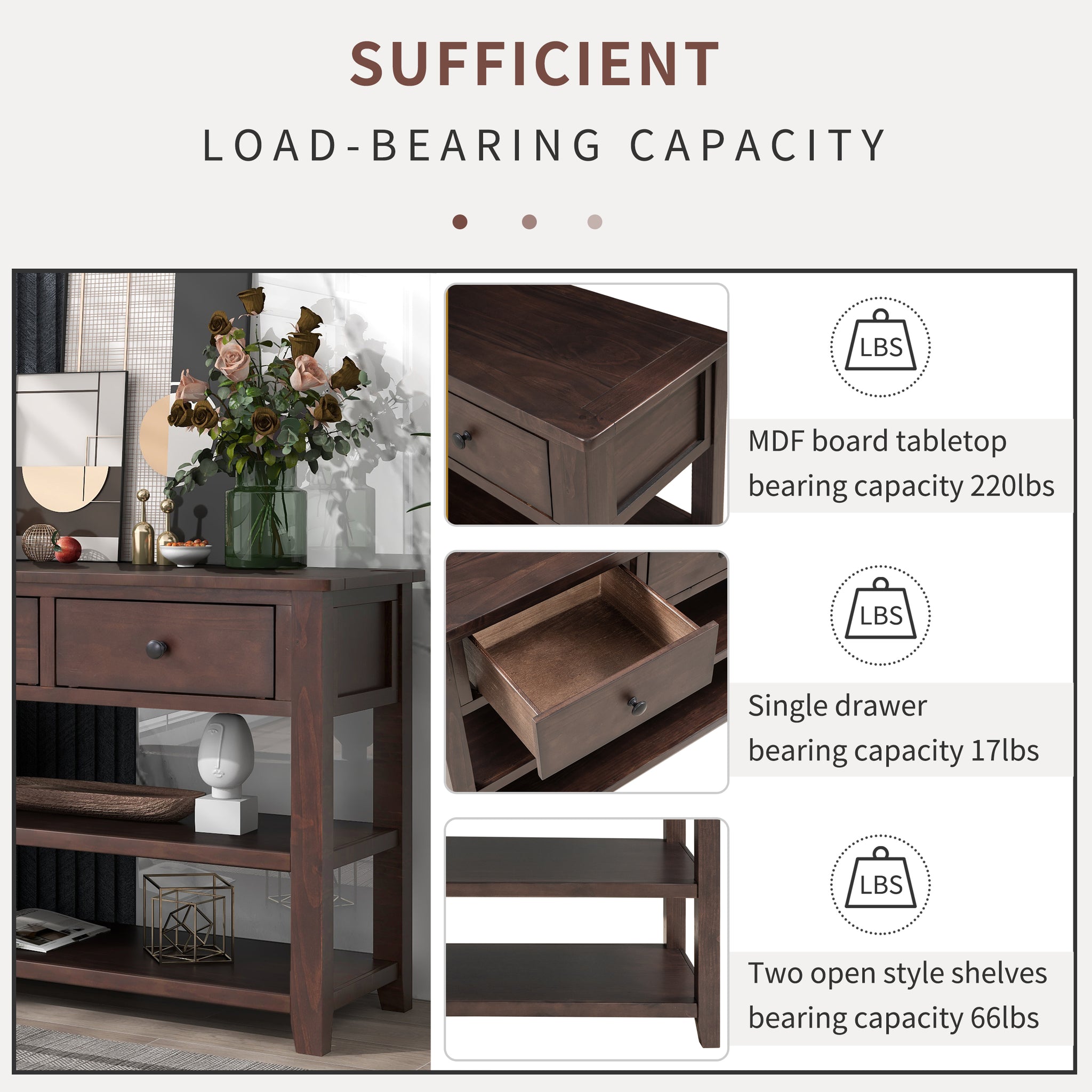 Royard Oaktree Console Table 50 Sofa Table with Three Storage Drawers and Two Open Shelves Retro Entryway Accent Table Solid Wood 3-Tier Narrow Side Table for Living Room Hallway