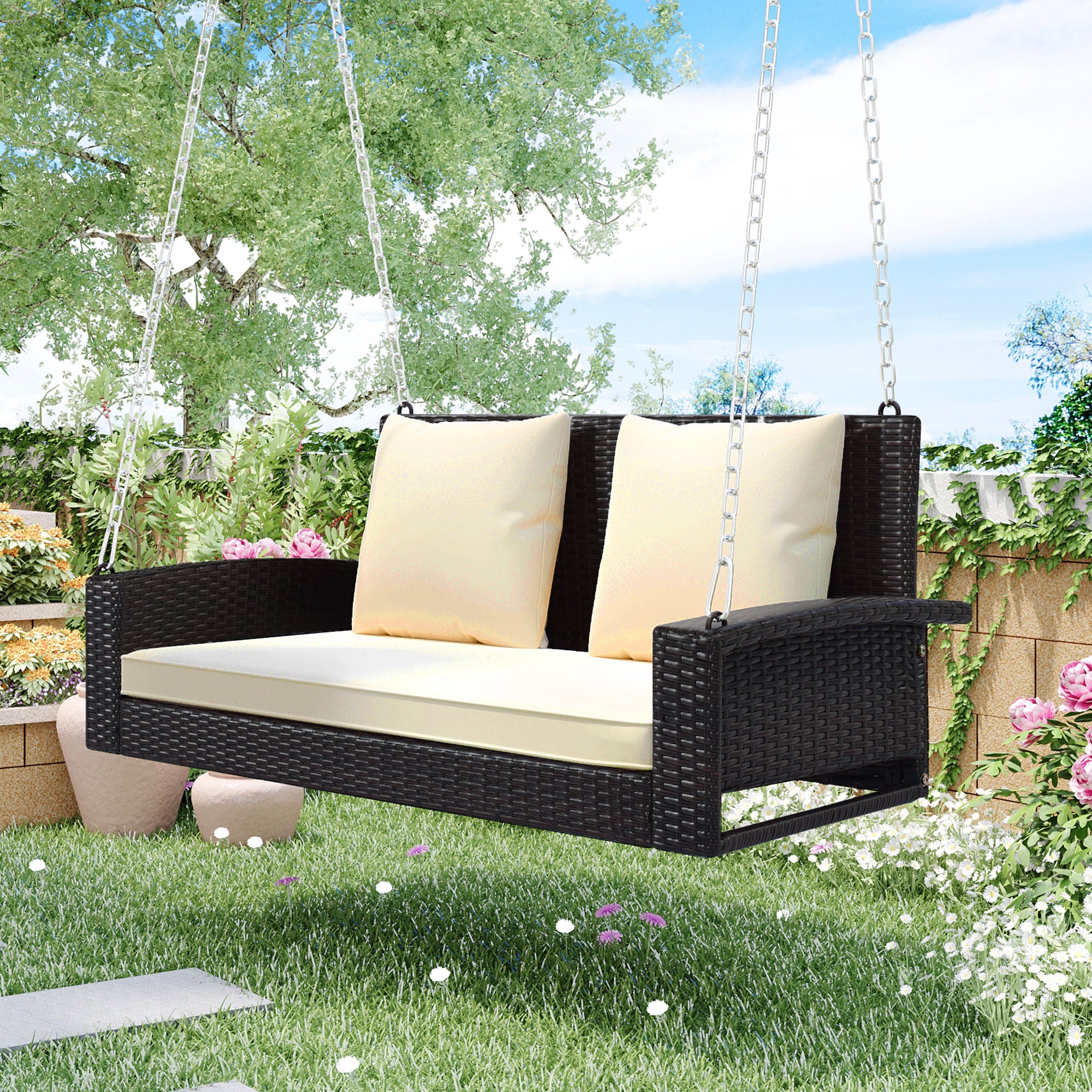 Royard Oaktree 2-Person Wicker Porch Swing with Chains Patio Hanging Swing Chair with Cushions Rattan Swing Bench for Garden Backyard Pond