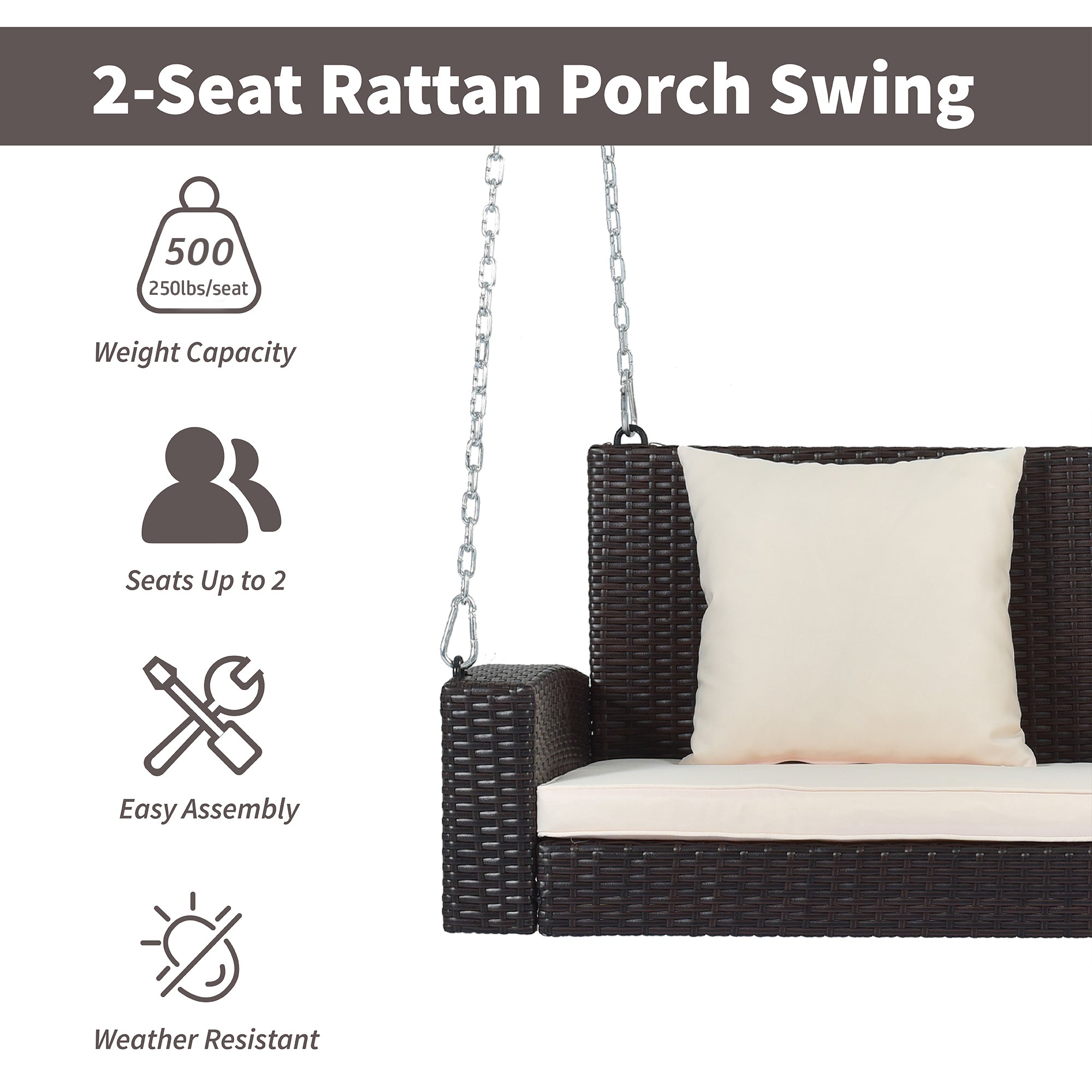 Royard Oaktree 2-Person Wicker Porch Swing with Chains Patio Hanging Swing Chair with Cushions Rattan Swing Bench for Garden Backyard Pond