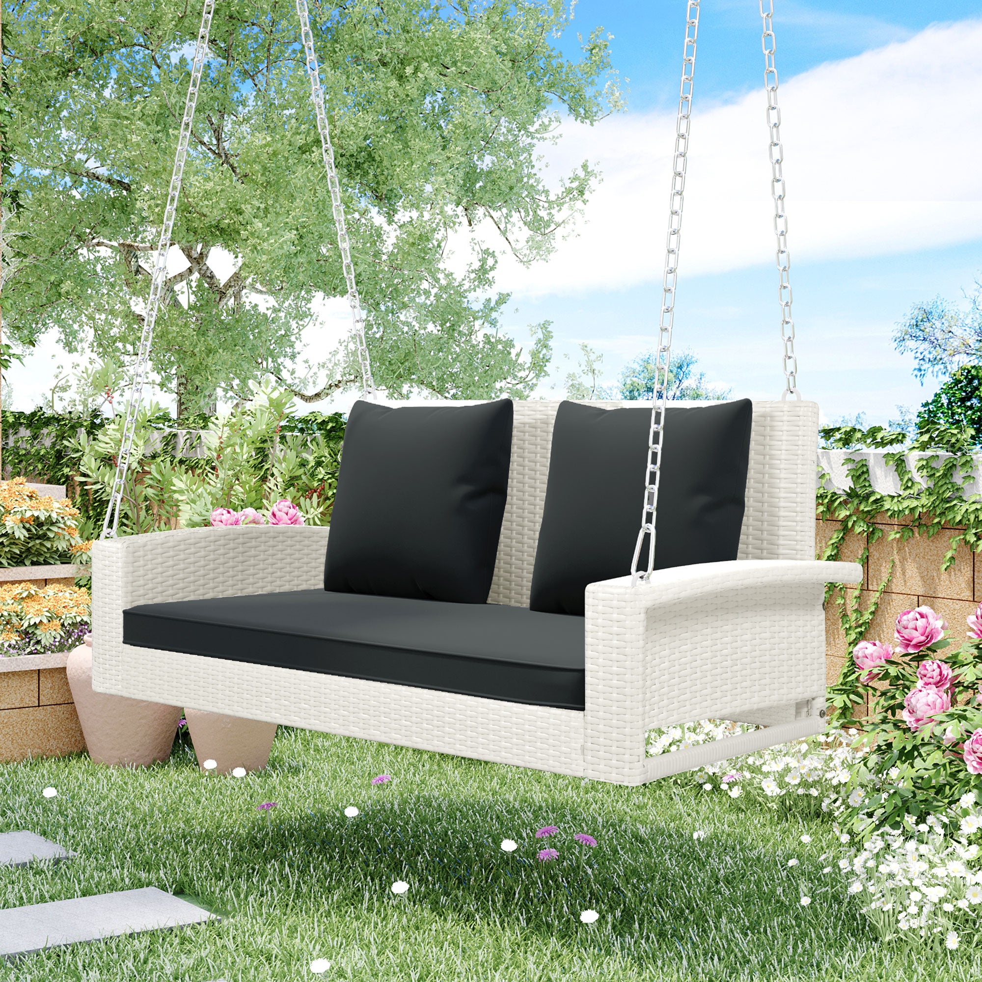 Royard Oaktree 2-Person Wicker Porch Swing with Chains Patio Hanging Swing Chair with Cushions Rattan Swing Bench for Garden Backyard Pond