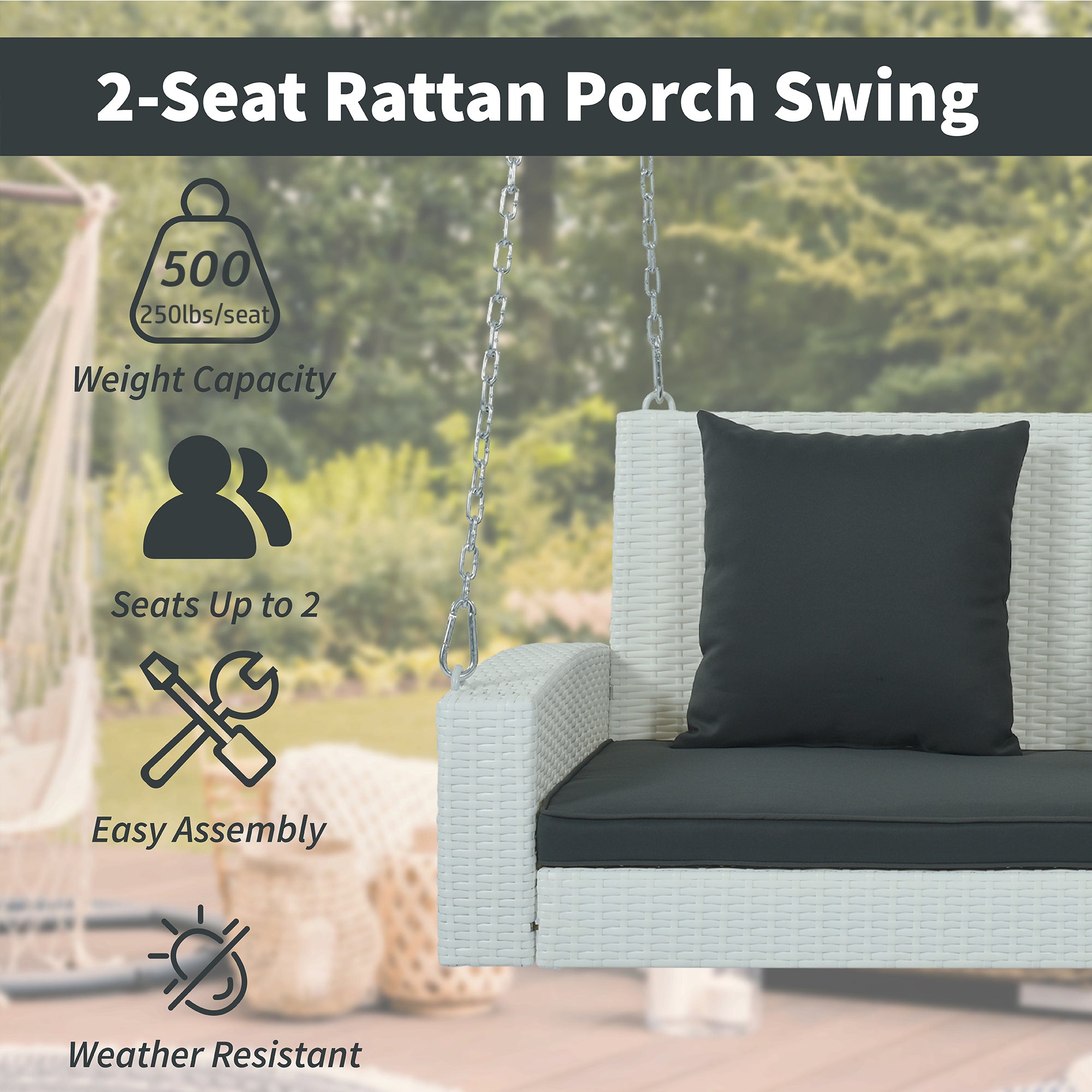 Royard Oaktree 2-Person Wicker Porch Swing with Chains Patio Hanging Swing Chair with Cushions Rattan Swing Bench for Garden Backyard Pond