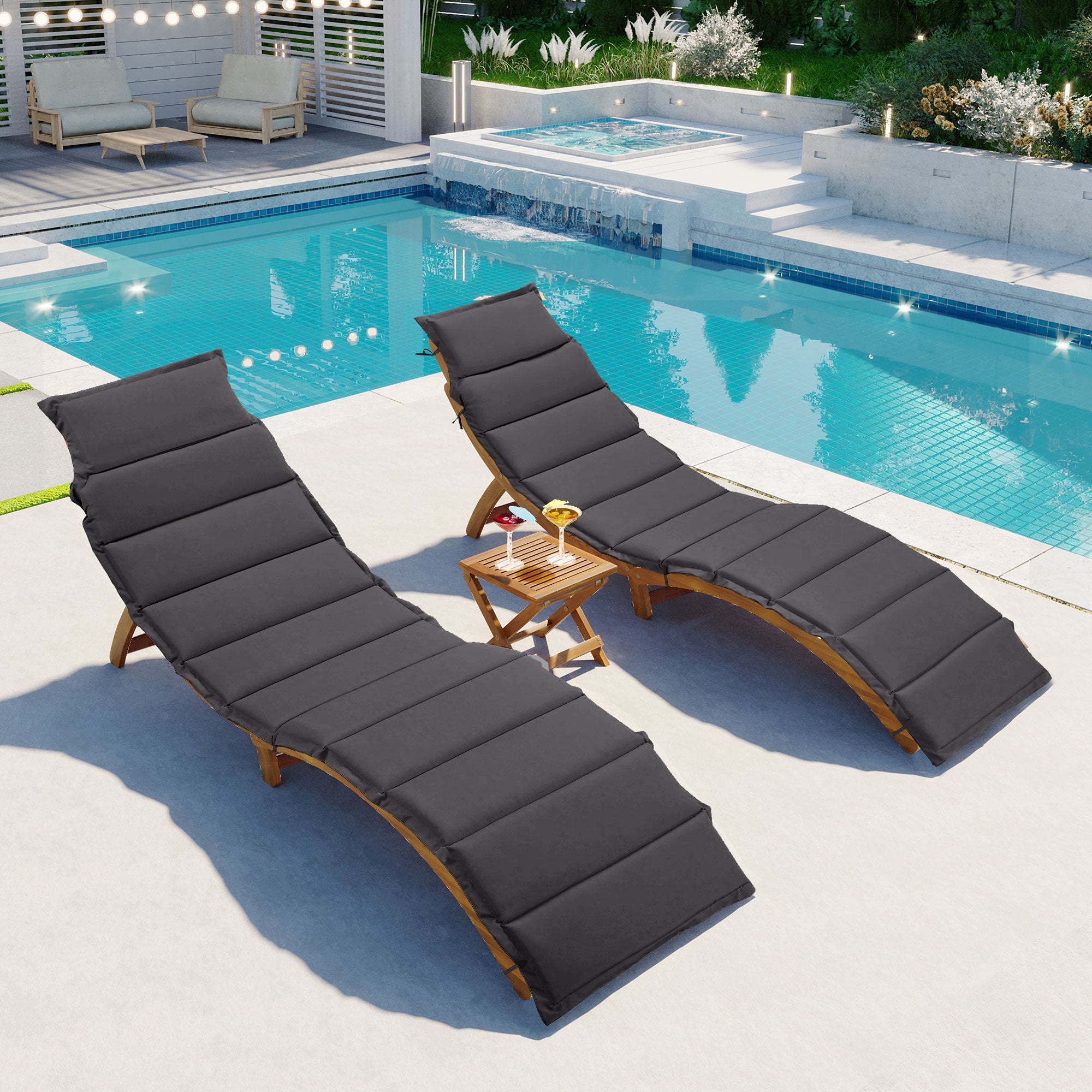 Royard Oaktree Patio Lounge Chair Set of 3 Wood Folding Chaise Lounge Set with Foldable Side Table Outdoor Portable Extended Sun Lounge Chair with Cushion for Poolside Lawn Backyard