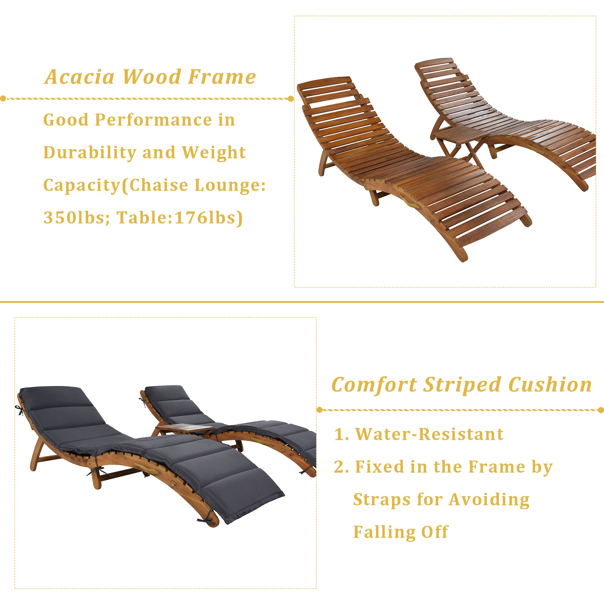 Royard Oaktree Patio Lounge Chair Set of 3 Wood Folding Chaise Lounge Set with Foldable Side Table Outdoor Portable Extended Sun Lounge Chair with Cushion for Poolside Lawn Backyard