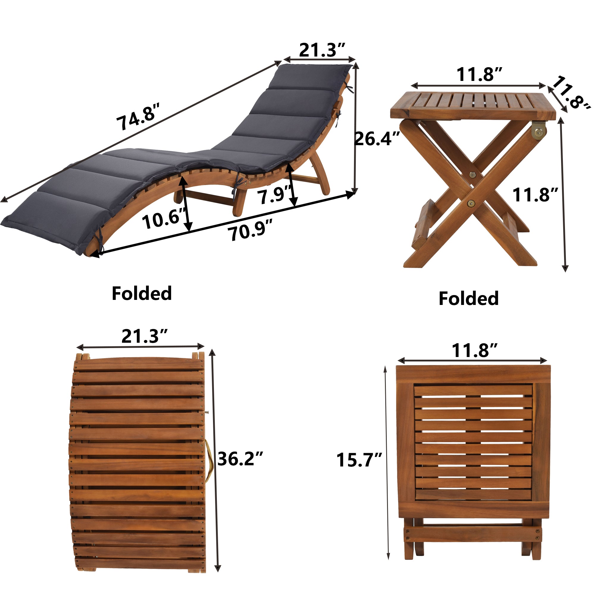 Royard Oaktree Patio Lounge Chair Set of 3 Wood Folding Chaise Lounge Set with Foldable Side Table Outdoor Portable Extended Sun Lounge Chair with Cushion for Poolside Lawn Backyard