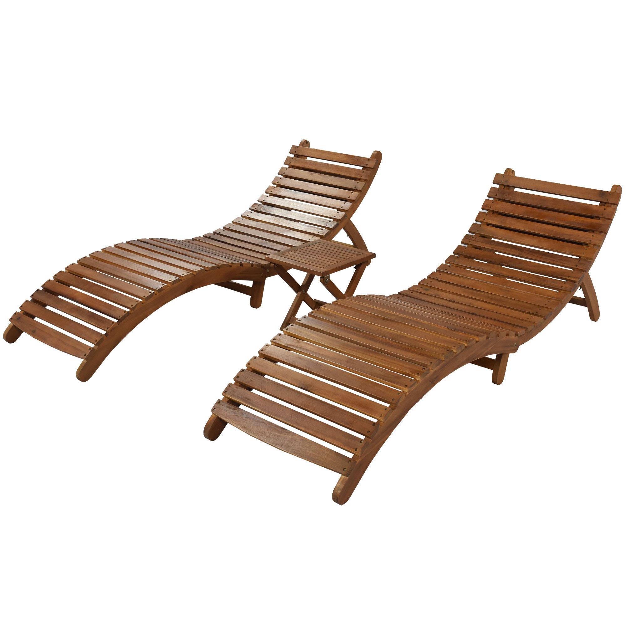 Royard Oaktree Patio Lounge Chair Set of 3 Wood Folding Chaise Lounge Set with Foldable Side Table Outdoor Portable Extended Sun Lounge Chair with Cushion for Poolside Lawn Backyard