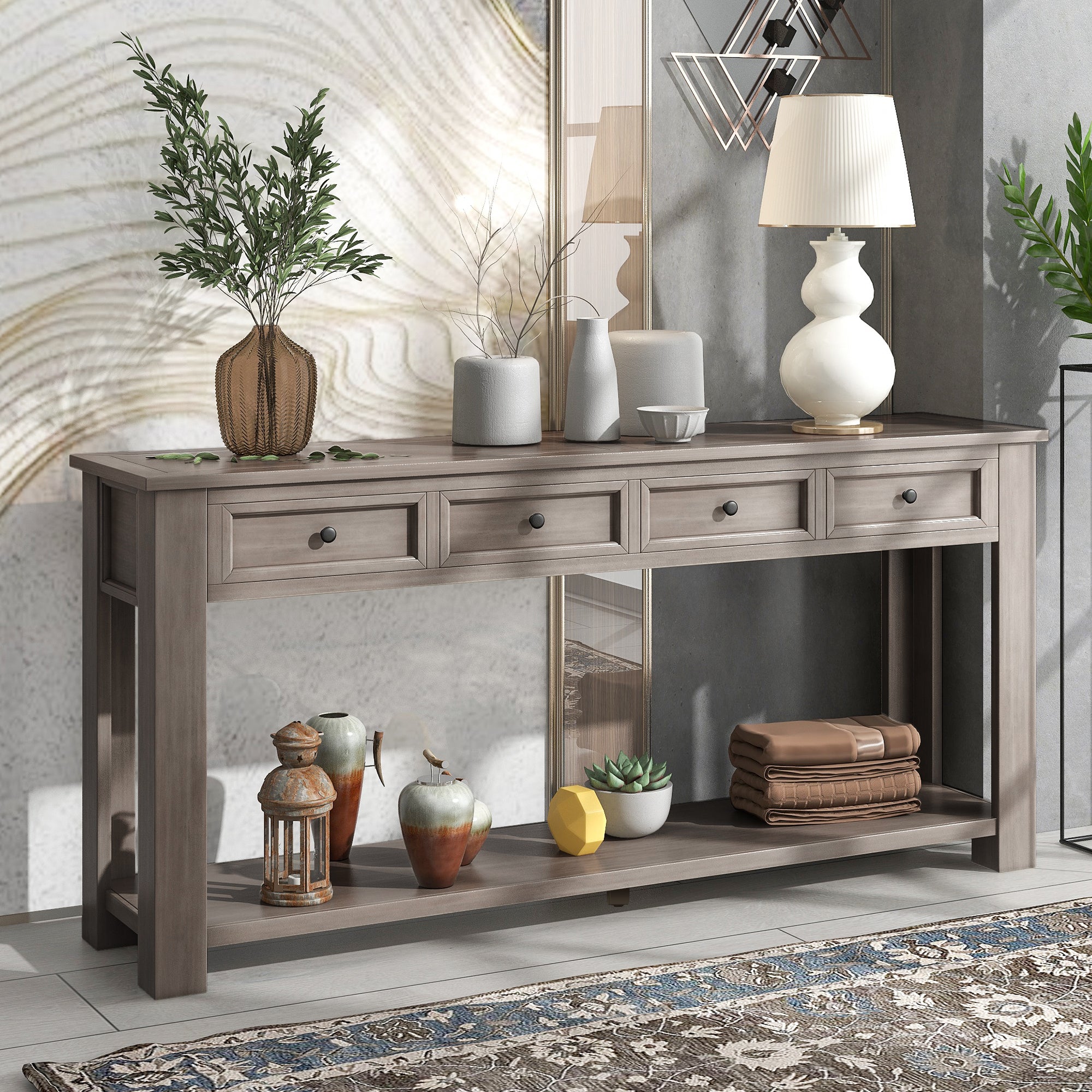 Royard Oaktree Extra Long Console Table with 4 Storage Drawers and Bottom Shelf Wood Entryway Table Entrance Table Rustic Narrow Sofa Table for Living Room Hallway Foyer Corridor