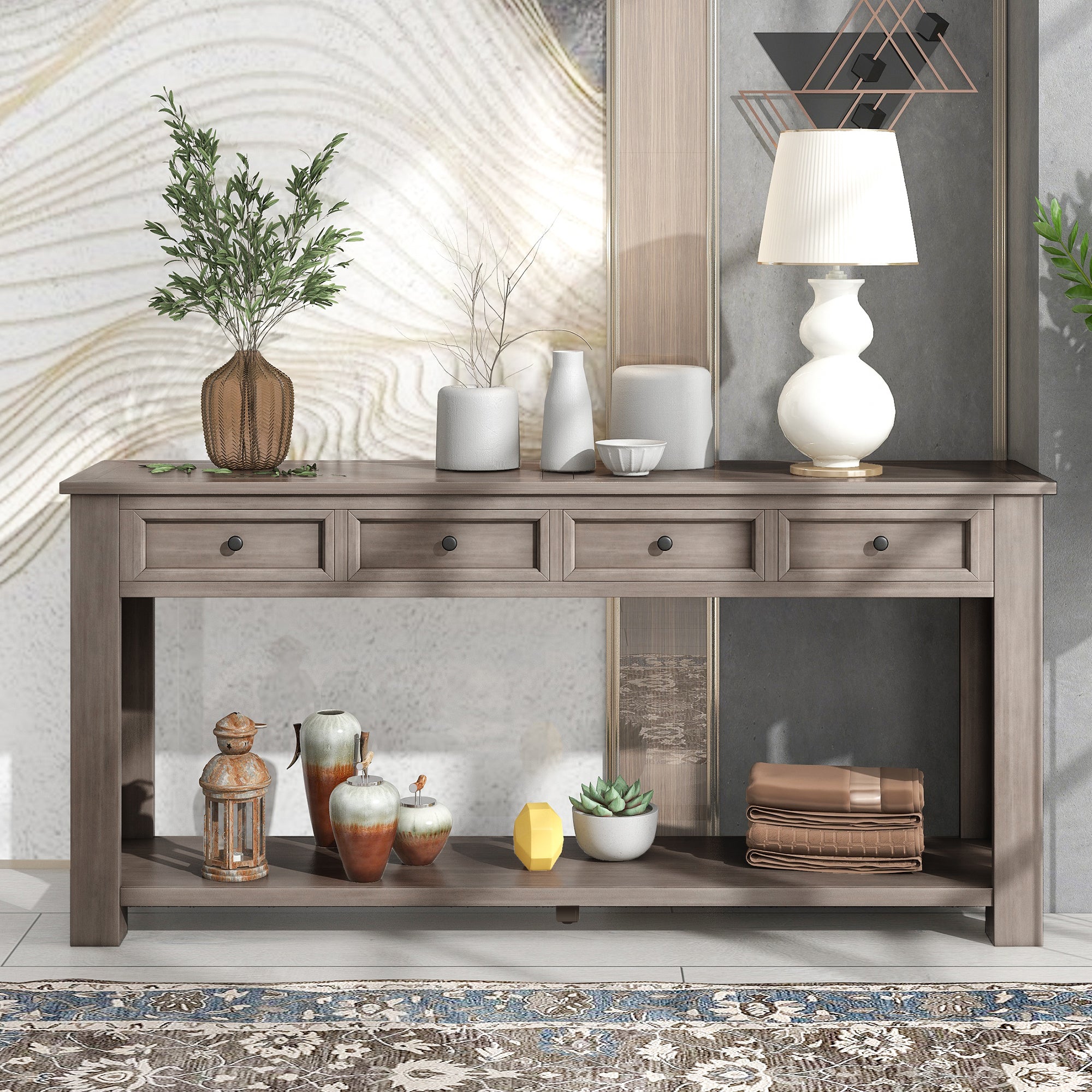 Royard Oaktree Extra Long Console Table with 4 Storage Drawers and Bottom Shelf Wood Entryway Table Entrance Table Rustic Narrow Sofa Table for Living Room Hallway Foyer Corridor