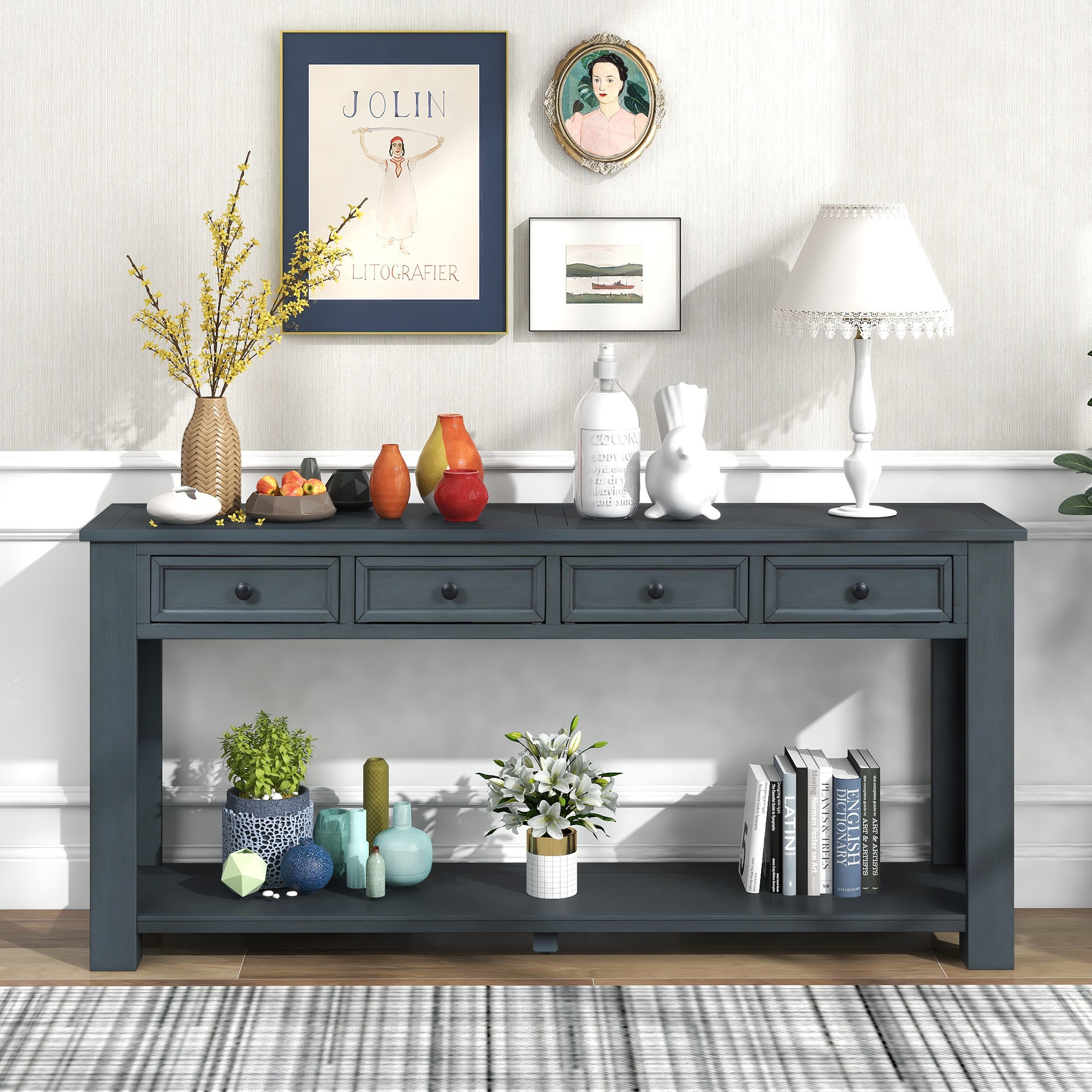 Royard Oaktree Extra Long Console Table with 4 Storage Drawers and Bottom Shelf Wood Entryway Table Entrance Table Rustic Narrow Sofa Table for Living Room Hallway Foyer Corridor