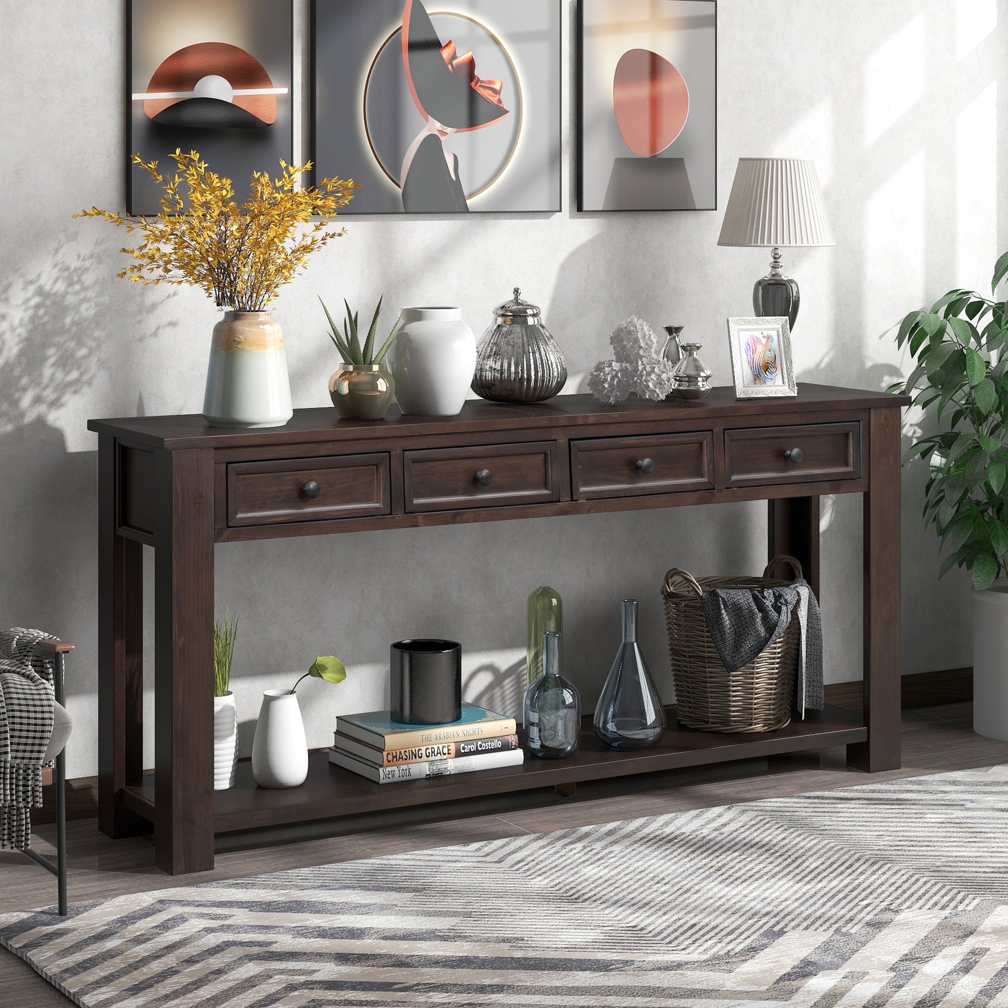 Royard Oaktree Extra Long Console Table with 4 Storage Drawers and Bottom Shelf Wood Entryway Table Entrance Table Rustic Narrow Sofa Table for Living Room Hallway Foyer Corridor