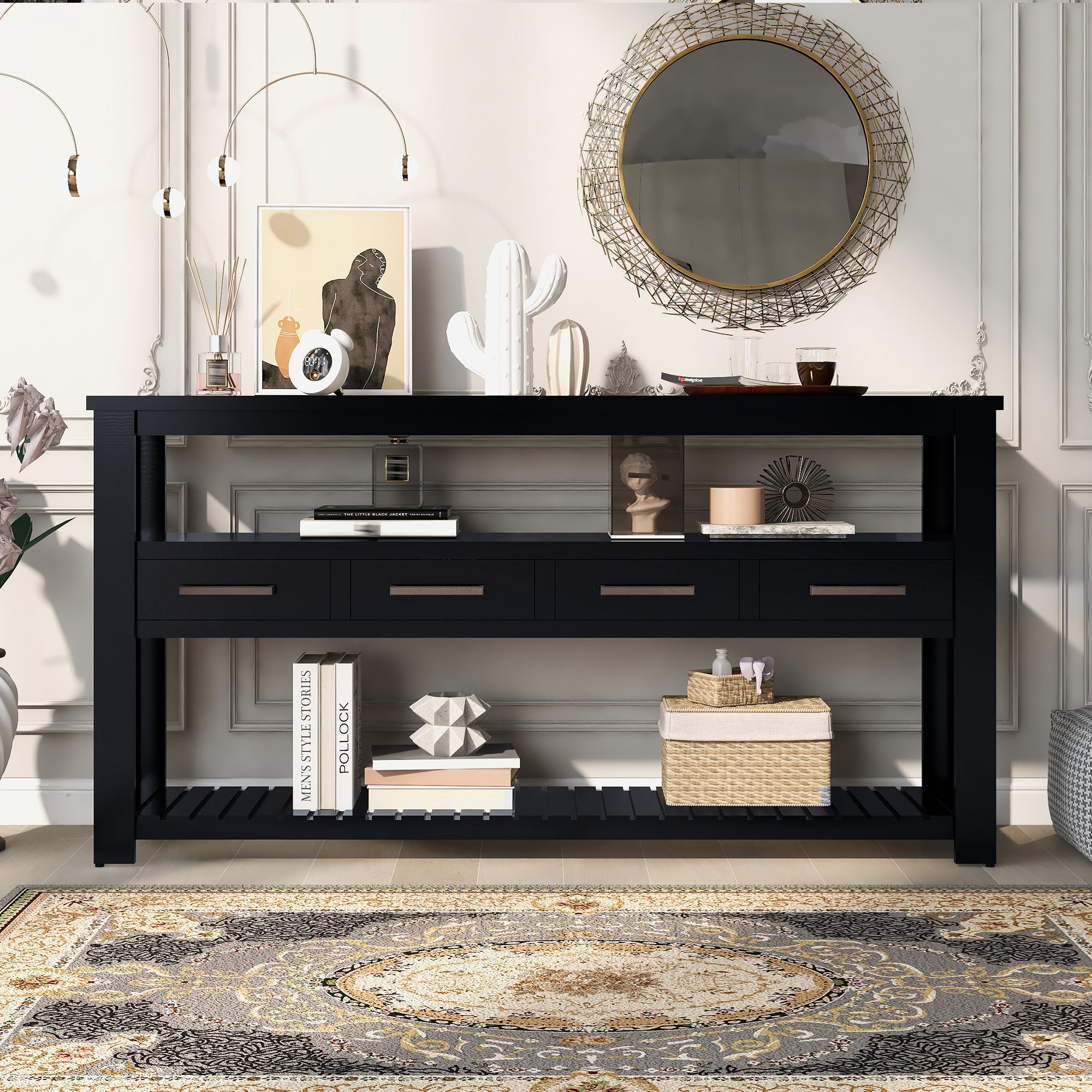 Royard Oaktree Console Table 62 Extra Long Console Table with 4 Drawers and 2 Shelves Modern 3-Tier Entryway Table with Storage Wood Narrow Sofa Side Table for Living Room Hallway Foyer