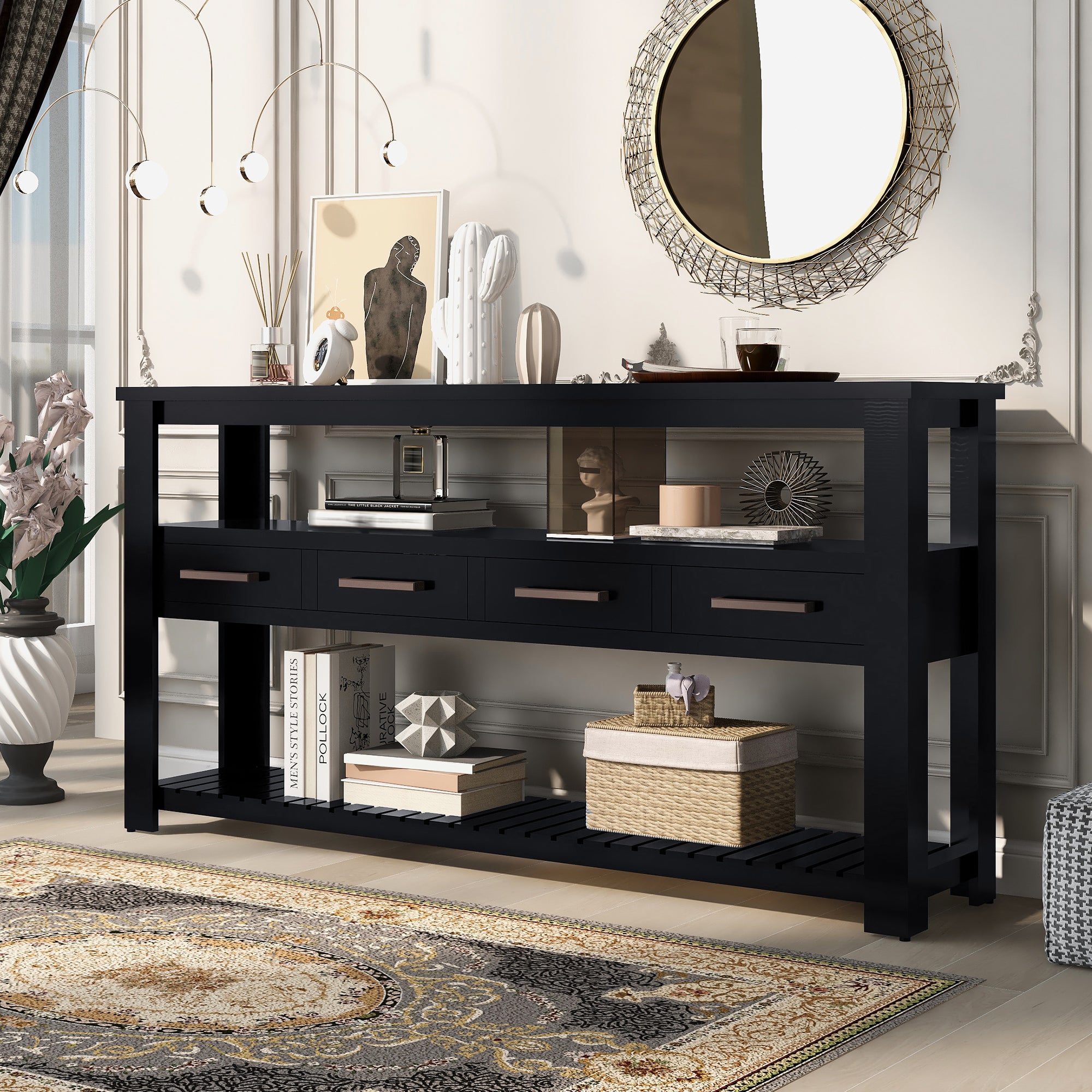 Royard Oaktree Console Table 62 Extra Long Console Table with 4 Drawers and 2 Shelves Modern 3-Tier Entryway Table with Storage Wood Narrow Sofa Side Table for Living Room Hallway Foyer