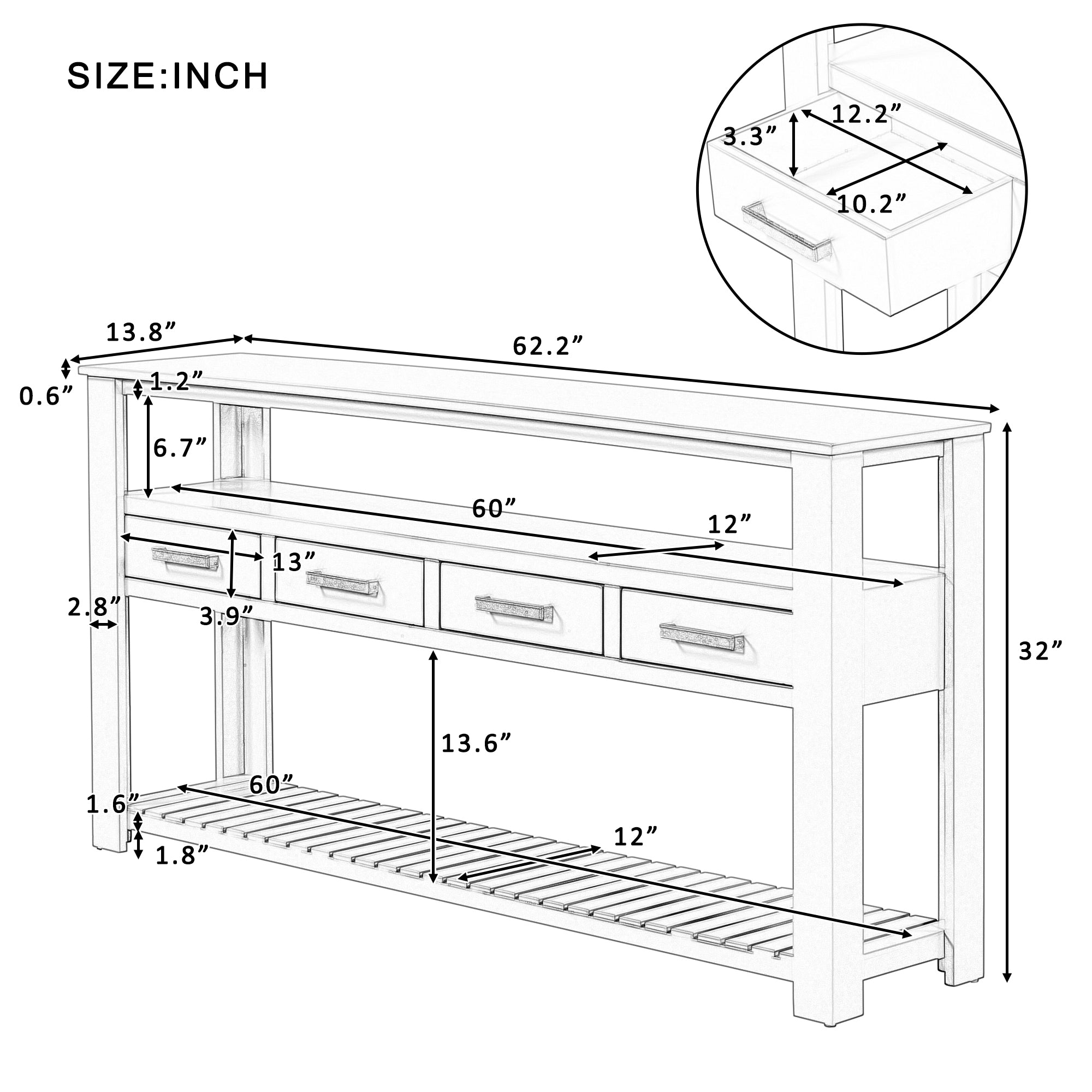 Royard Oaktree Console Table 62 Extra Long Console Table with 4 Drawers and 2 Shelves Modern 3-Tier Entryway Table with Storage Wood Narrow Sofa Side Table for Living Room Hallway Foyer