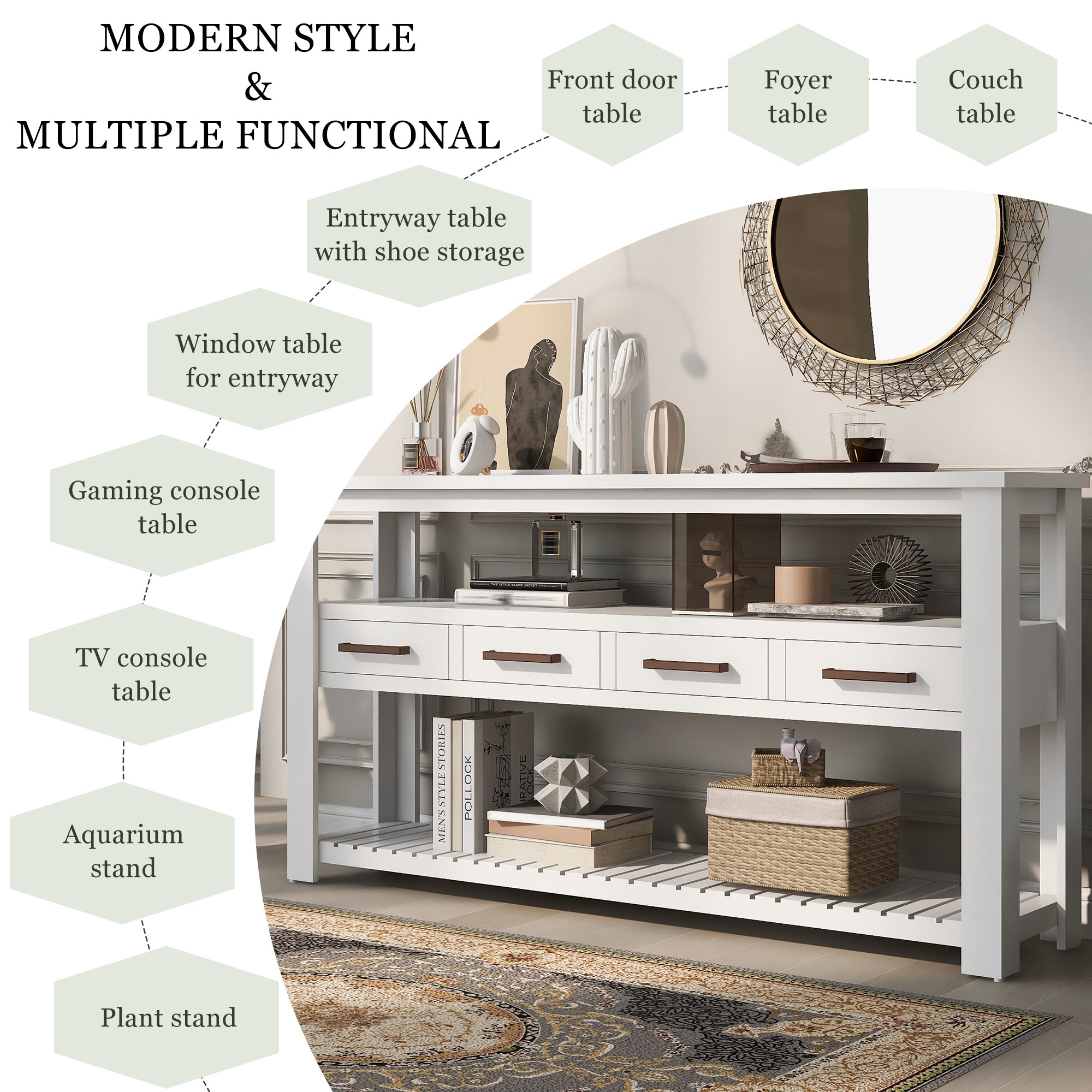 Royard Oaktree Console Table 62 Extra Long Console Table with 4 Drawers and 2 Shelves Modern 3-Tier Entryway Table with Storage Wood Narrow Sofa Side Table for Living Room Hallway Foyer